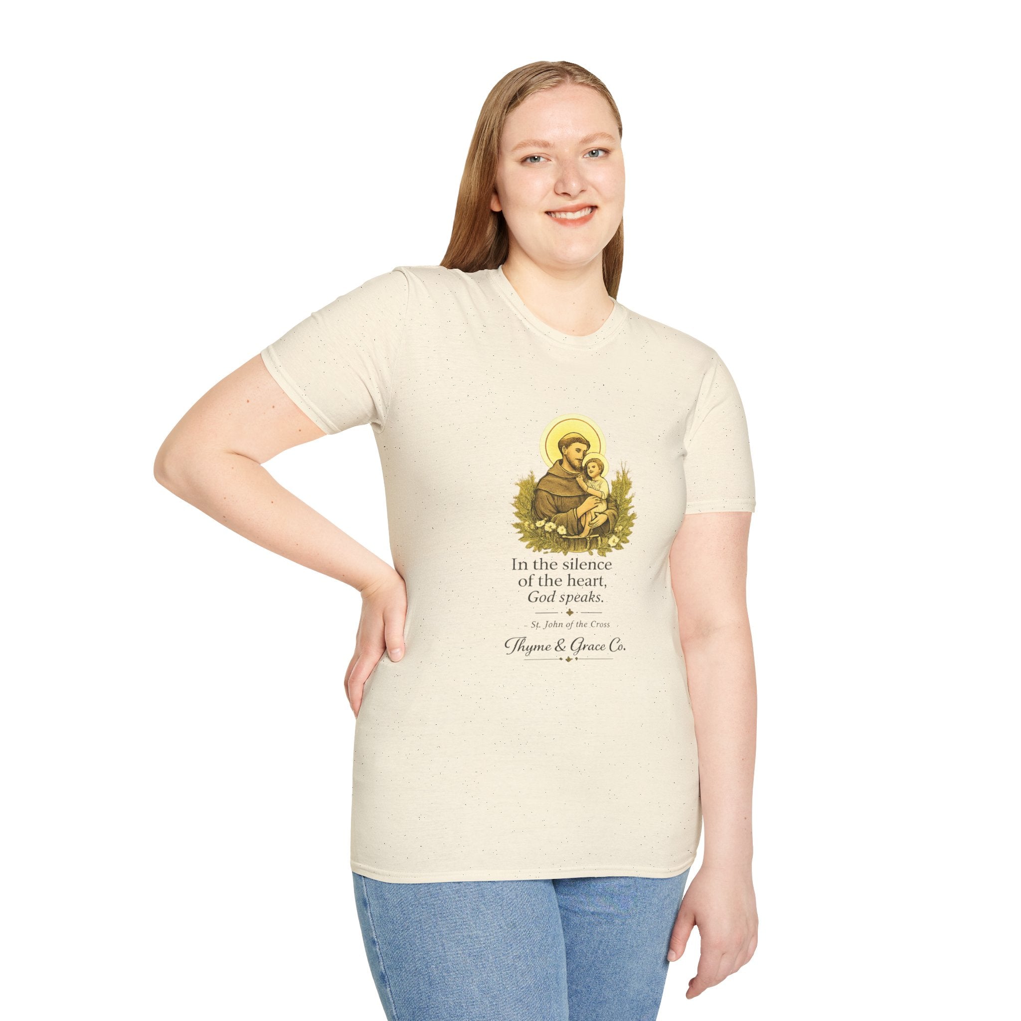 Religious T-Shirt — “In the silence of the heart, God speaks.” Saint John of the Cross Prayer Tee
