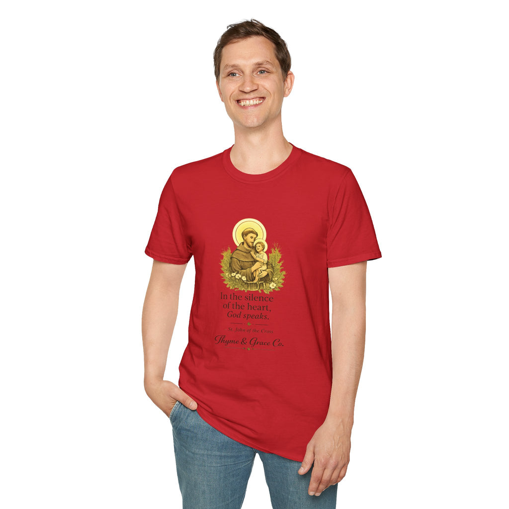 Religious T-Shirt — “In the silence of the heart, God speaks.” Saint John of the Cross Prayer Tee