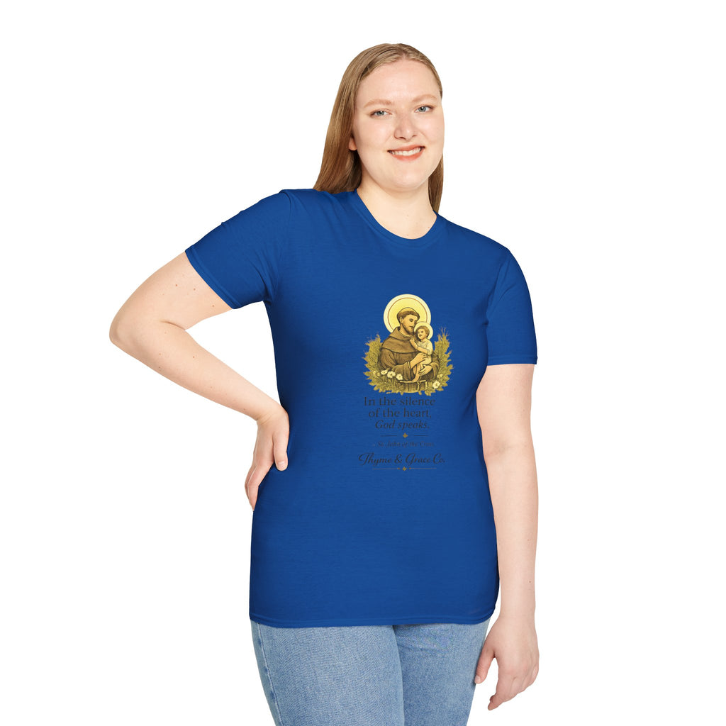 Religious T-Shirt — “In the silence of the heart, God speaks.” Saint John of the Cross Prayer Tee