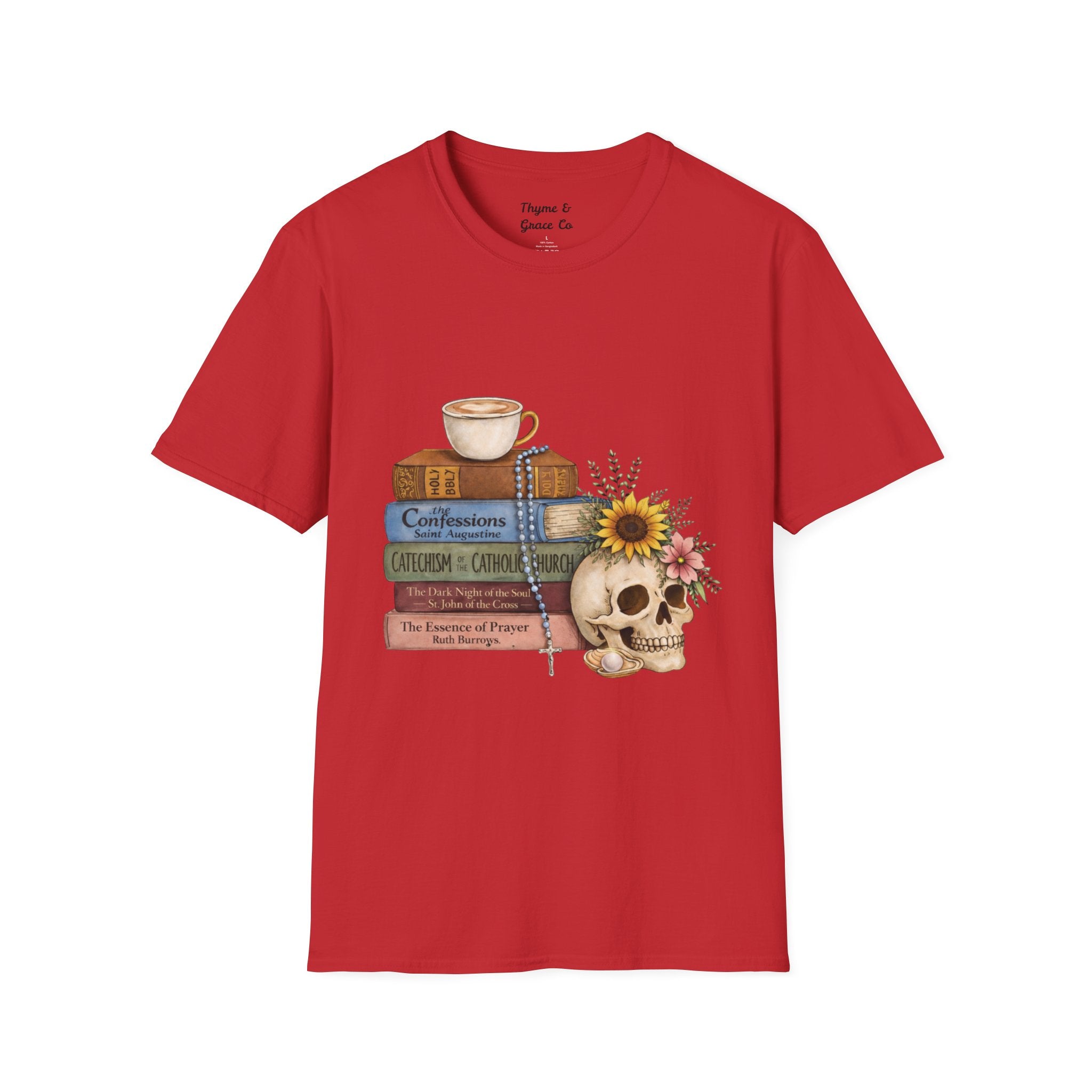 Skull & Books Graphic T-Shirt — Coffee, Sunflower, Reading Vibes