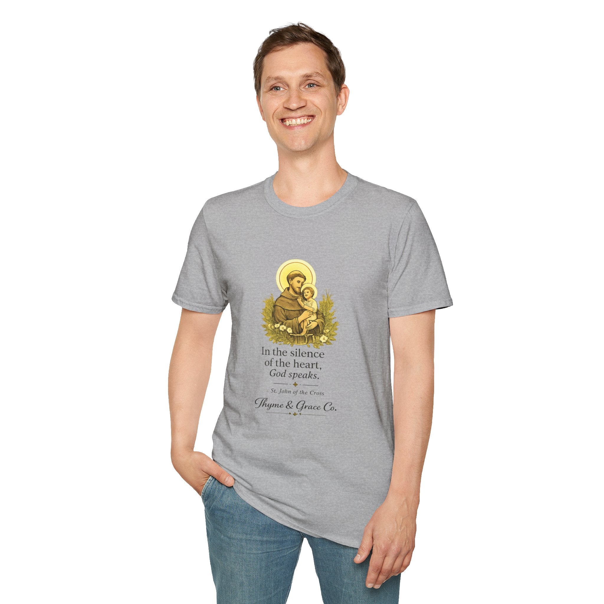 Religious T-Shirt — “In the silence of the heart, God speaks.” Saint John of the Cross Prayer Tee