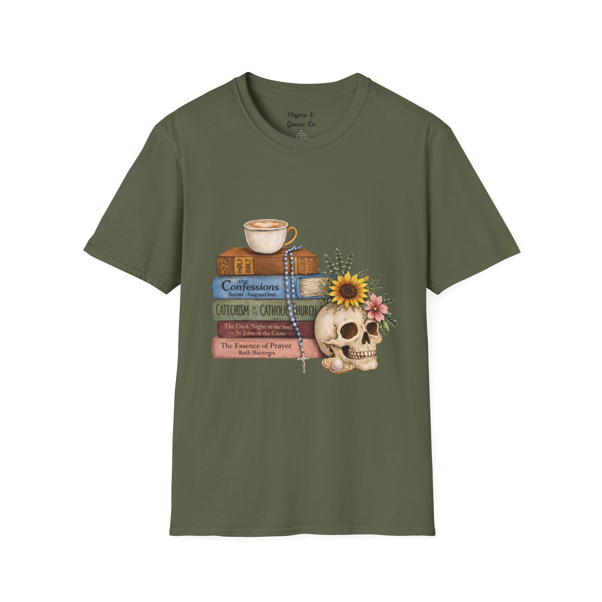 Skull & Books Graphic T-Shirt — Coffee, Sunflower, Reading Vibes