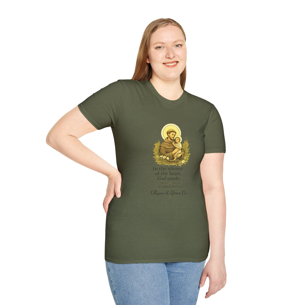 Religious T-Shirt — “In the silence of the heart, God speaks.” Saint John of the Cross Prayer Tee