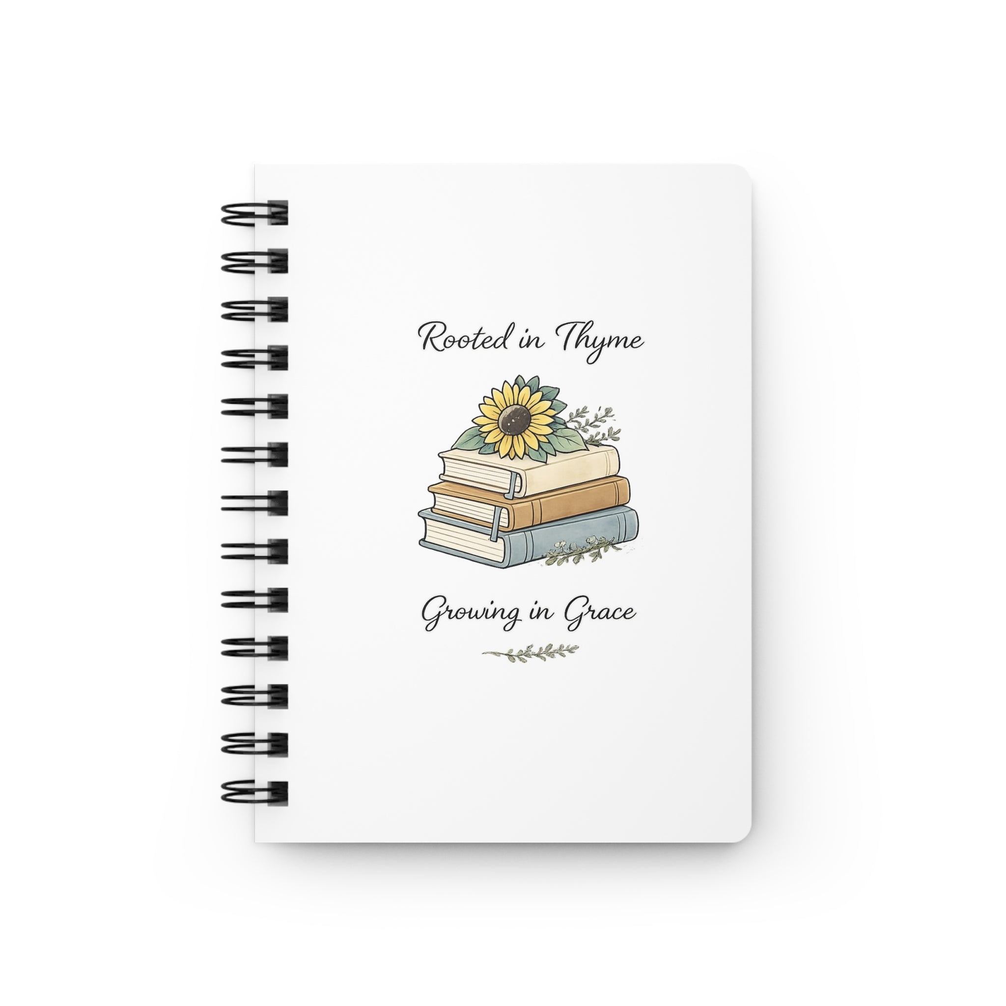 Rooted in Thyme Spiral Journal — Floral Booklover Notebook, "Rooted in Thyme, Growing in Grace"