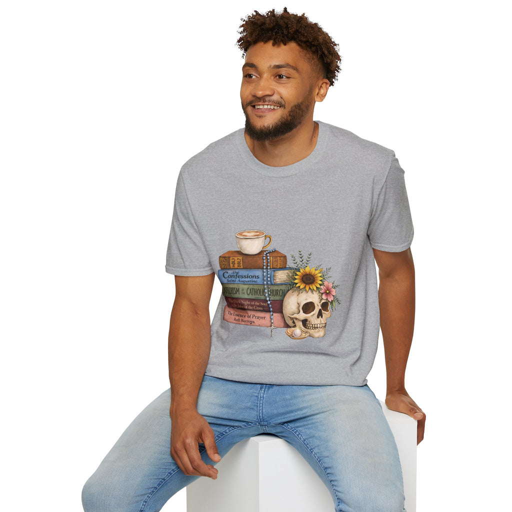 Skull & Books Graphic T-Shirt — Coffee, Sunflower, Reading Vibes