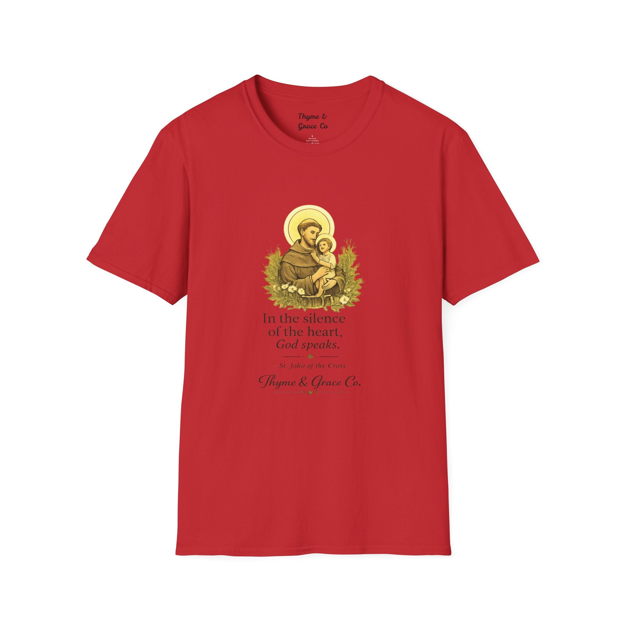 Religious T-Shirt — “In the silence of the heart, God speaks.” Saint John of the Cross Prayer Tee