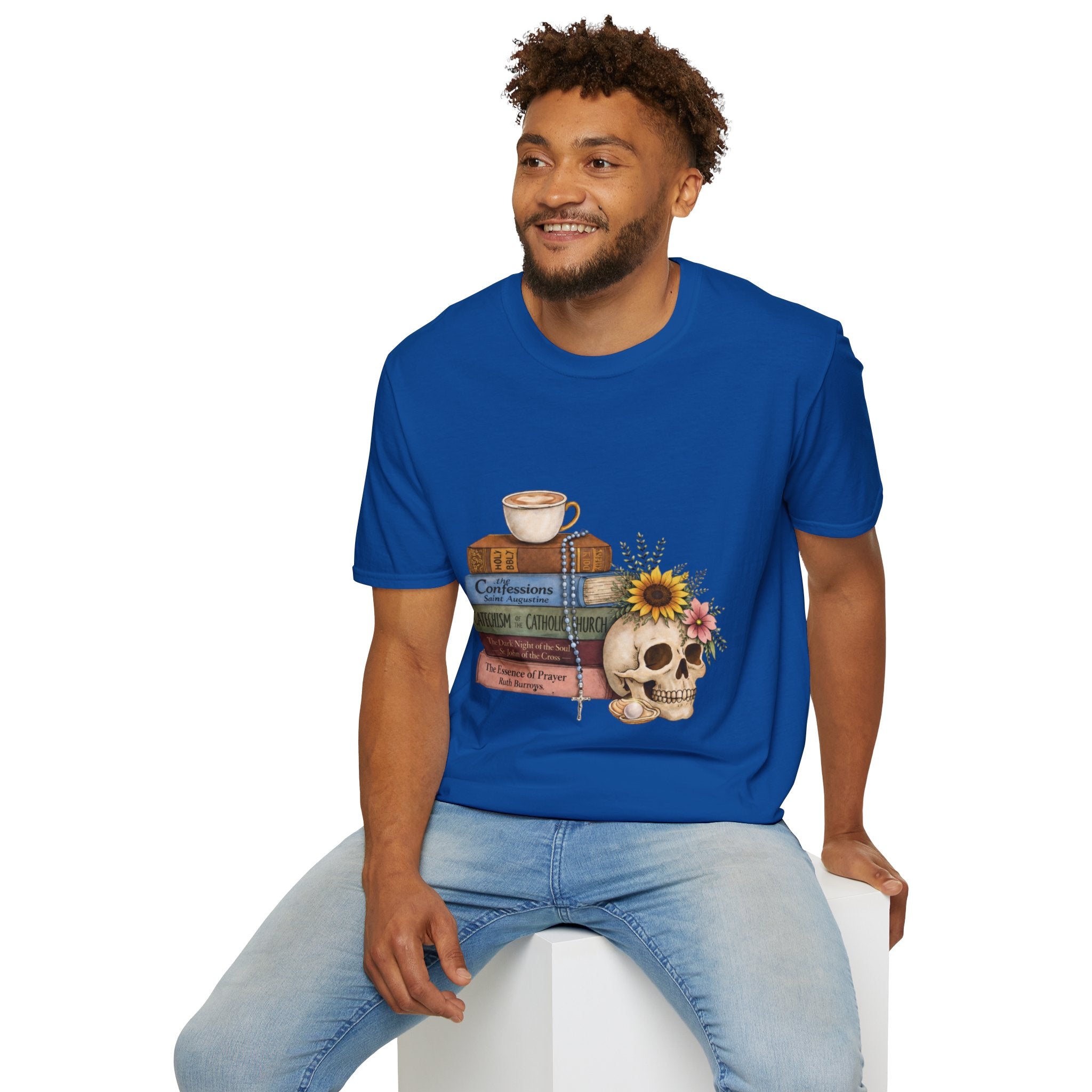Skull & Books Graphic T-Shirt — Coffee, Sunflower, Reading Vibes