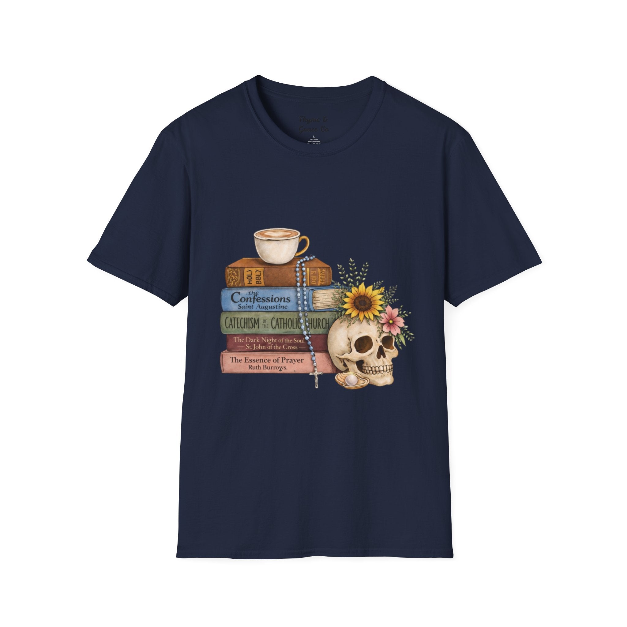 Skull & Books Graphic T-Shirt — Coffee, Sunflower, Reading Vibes