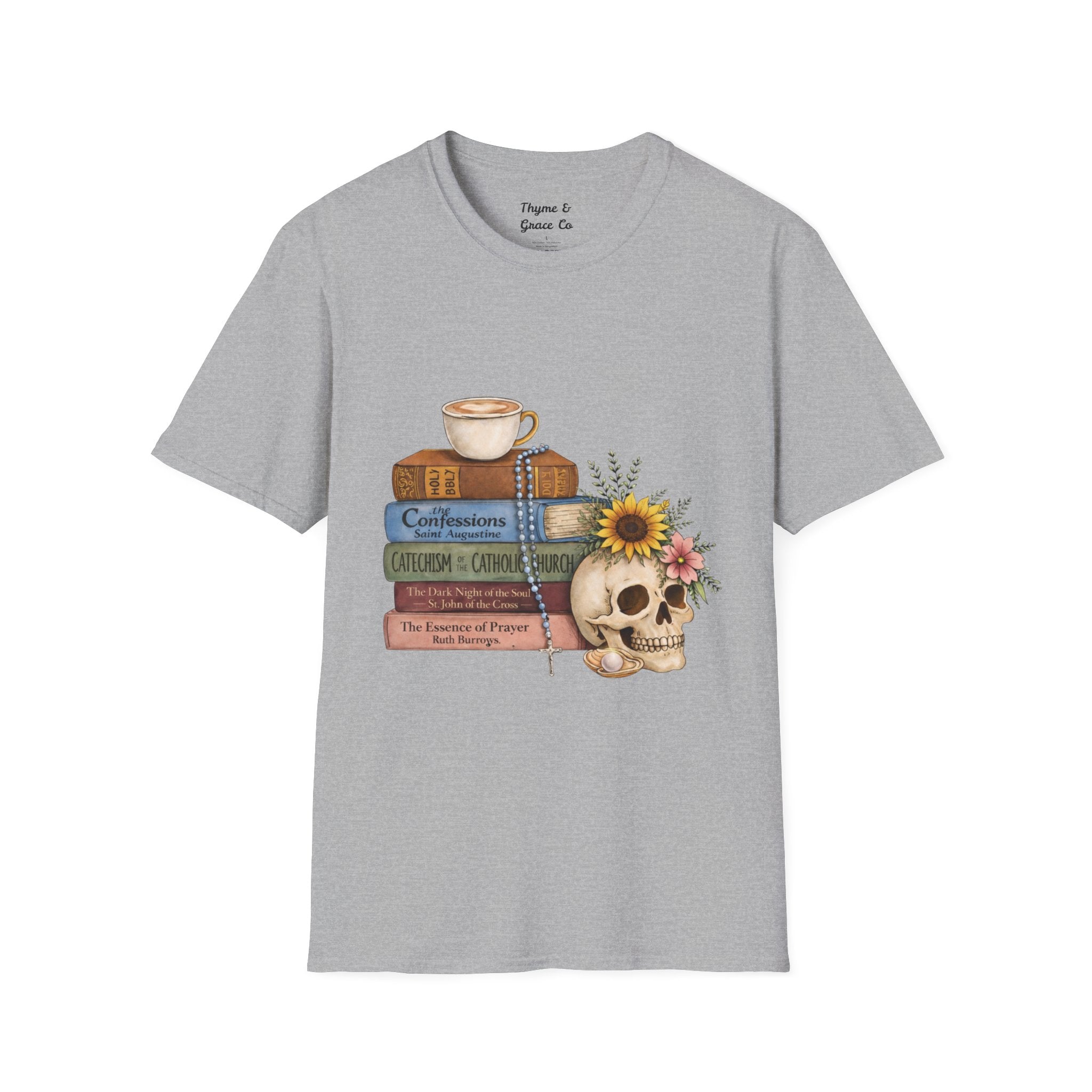 Skull & Books Graphic T-Shirt — Coffee, Sunflower, Reading Vibes