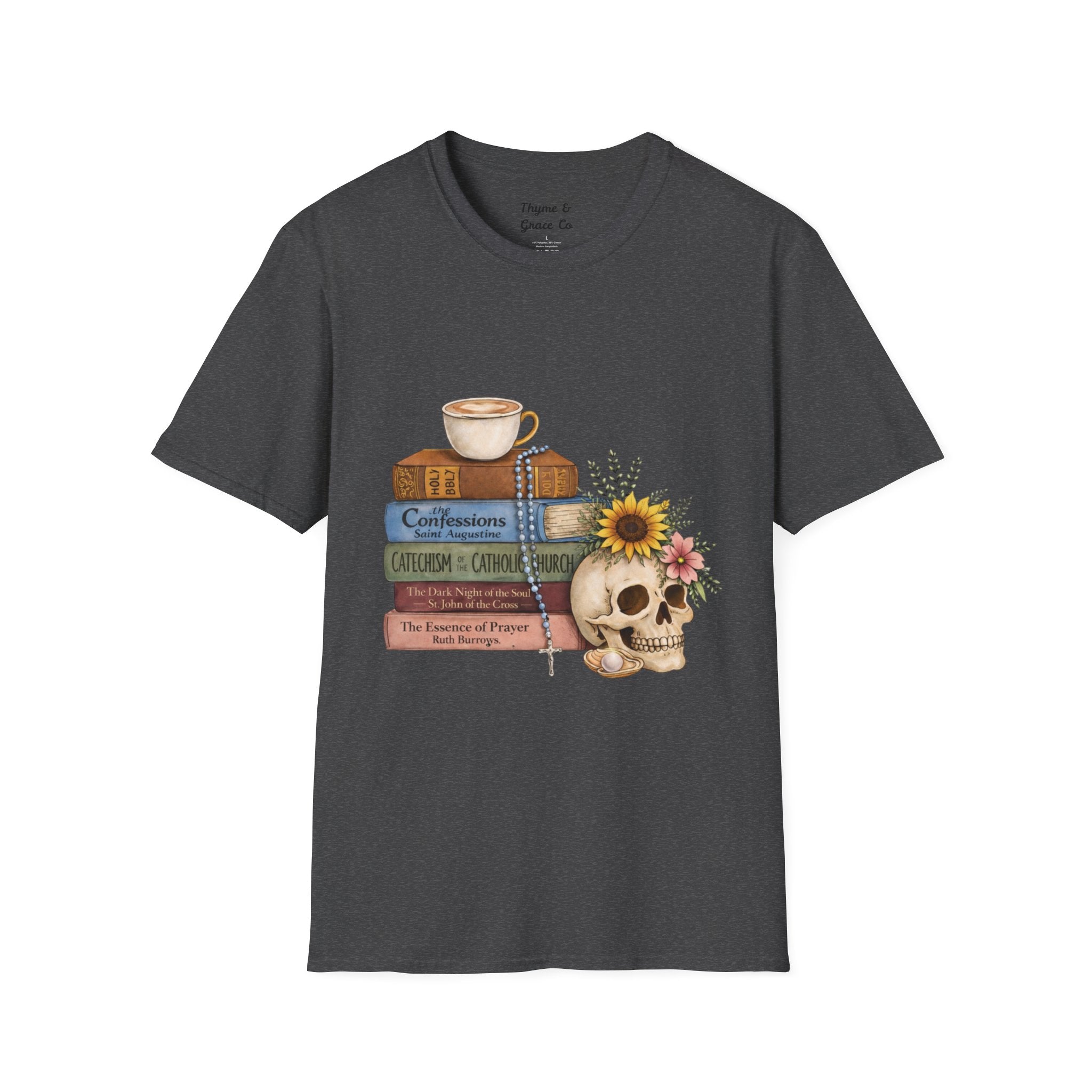 Skull & Books Graphic T-Shirt — Coffee, Sunflower, Reading Vibes