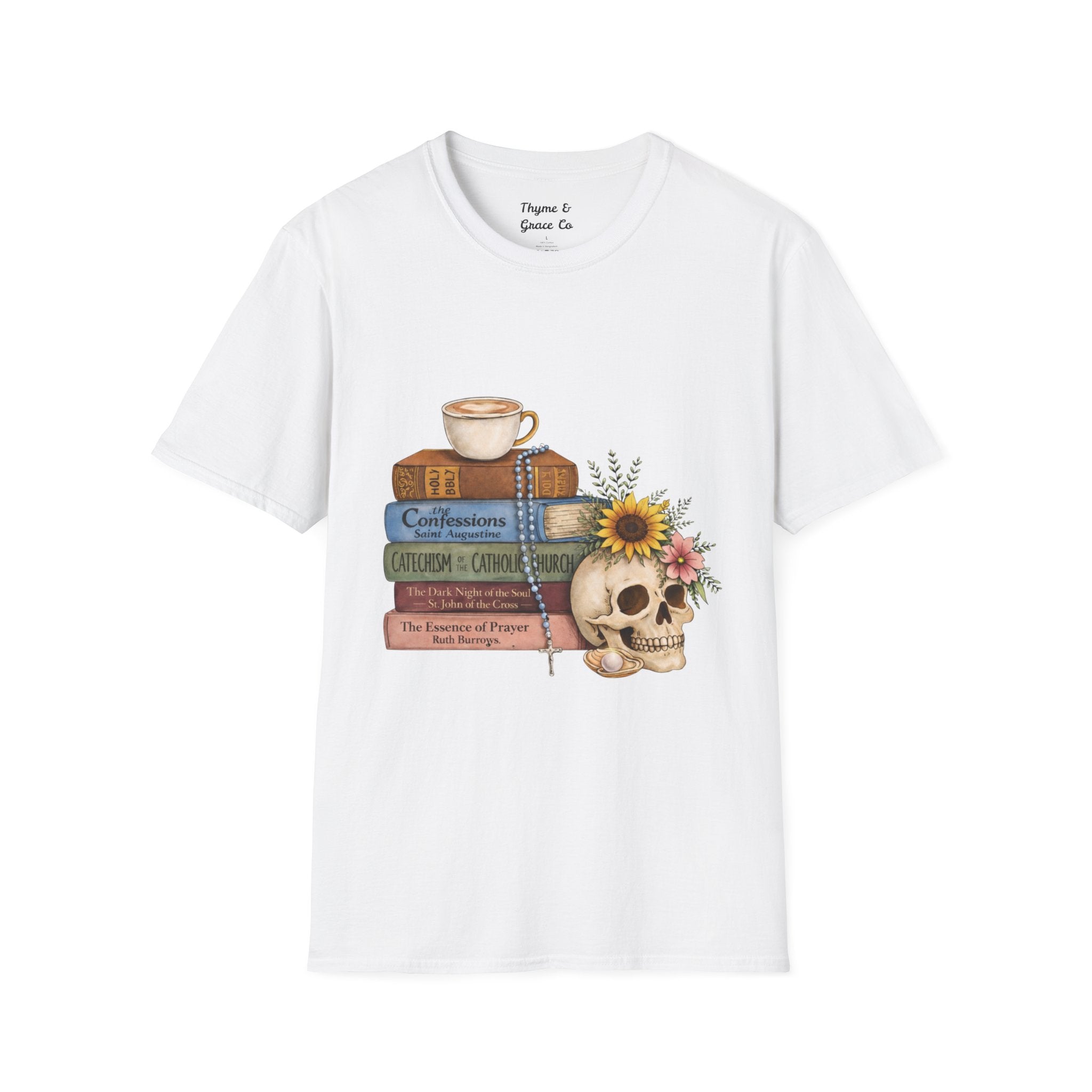 Skull & Books Graphic T-Shirt — Coffee, Sunflower, Reading Vibes