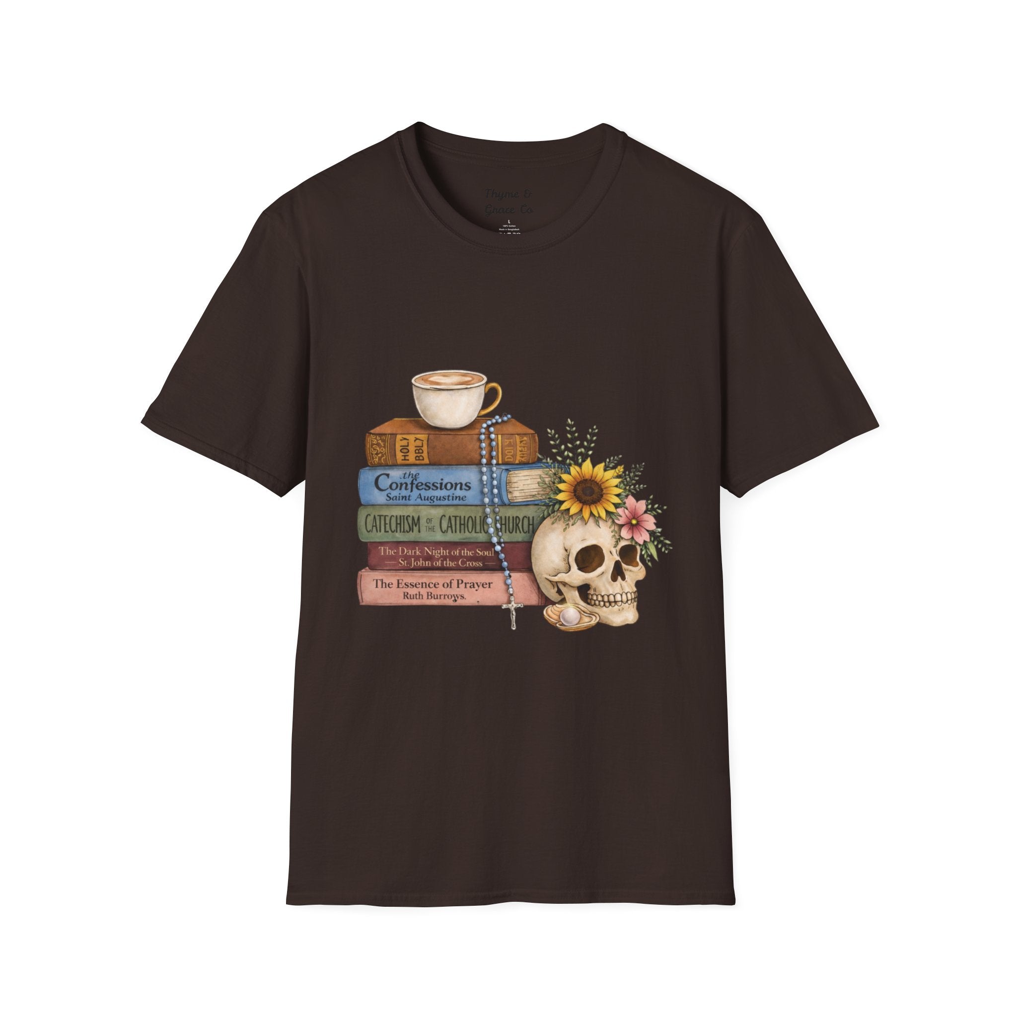 Skull & Books Graphic T-Shirt — Coffee, Sunflower, Reading Vibes