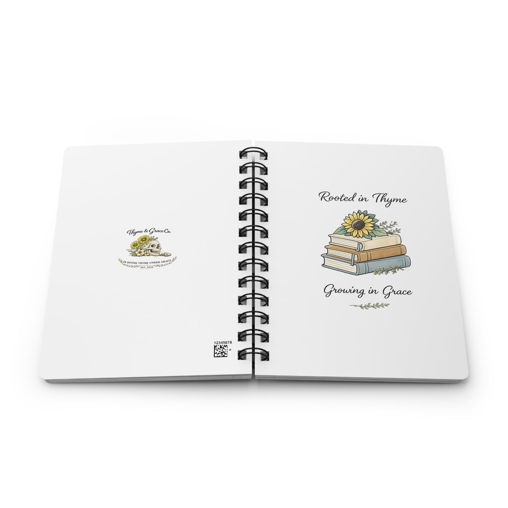 Rooted in Thyme Spiral Journal — Floral Booklover Notebook, "Rooted in Thyme, Growing in Grace"