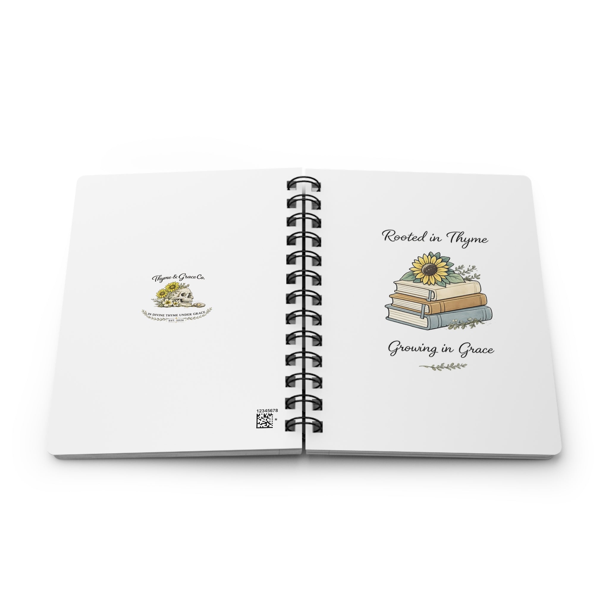 Rooted in Thyme Spiral Journal — Floral Booklover Notebook, "Rooted in Thyme, Growing in Grace"