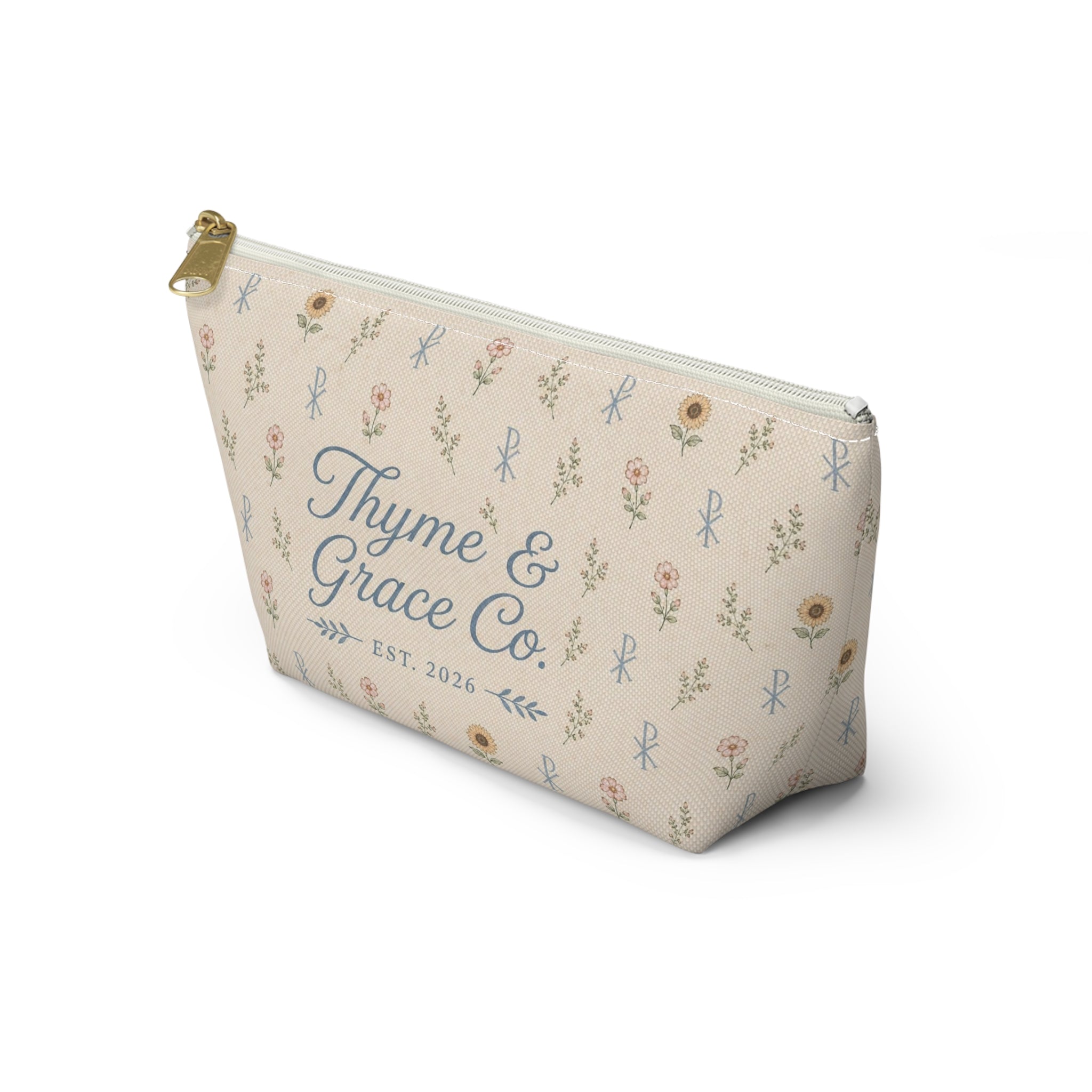 Floral Thyme & Grace Co. Accessory Pouch — T‑Bottom Cosmetic Bag