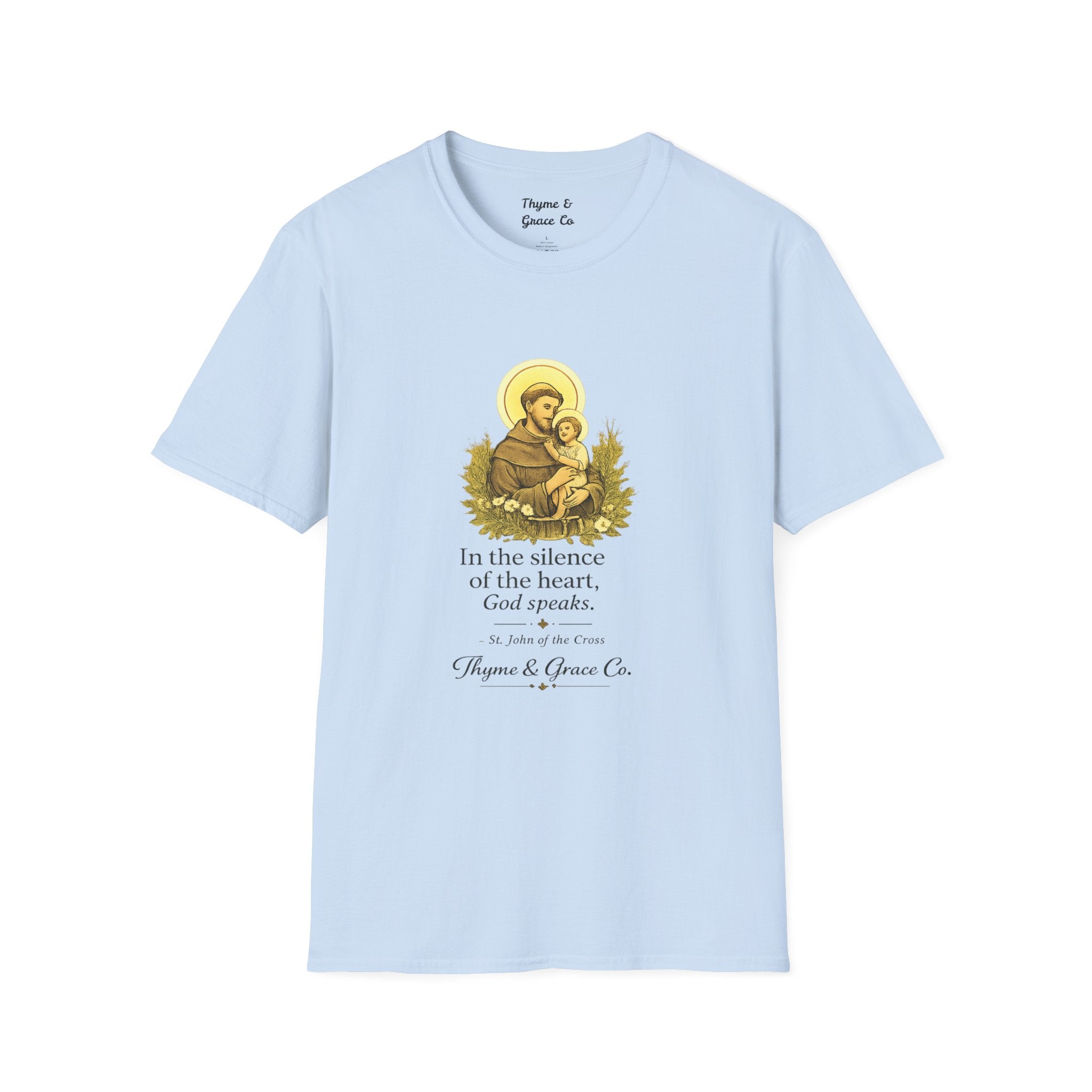 Religious T-Shirt — “In the silence of the heart, God speaks.” Saint John of the Cross Prayer Tee