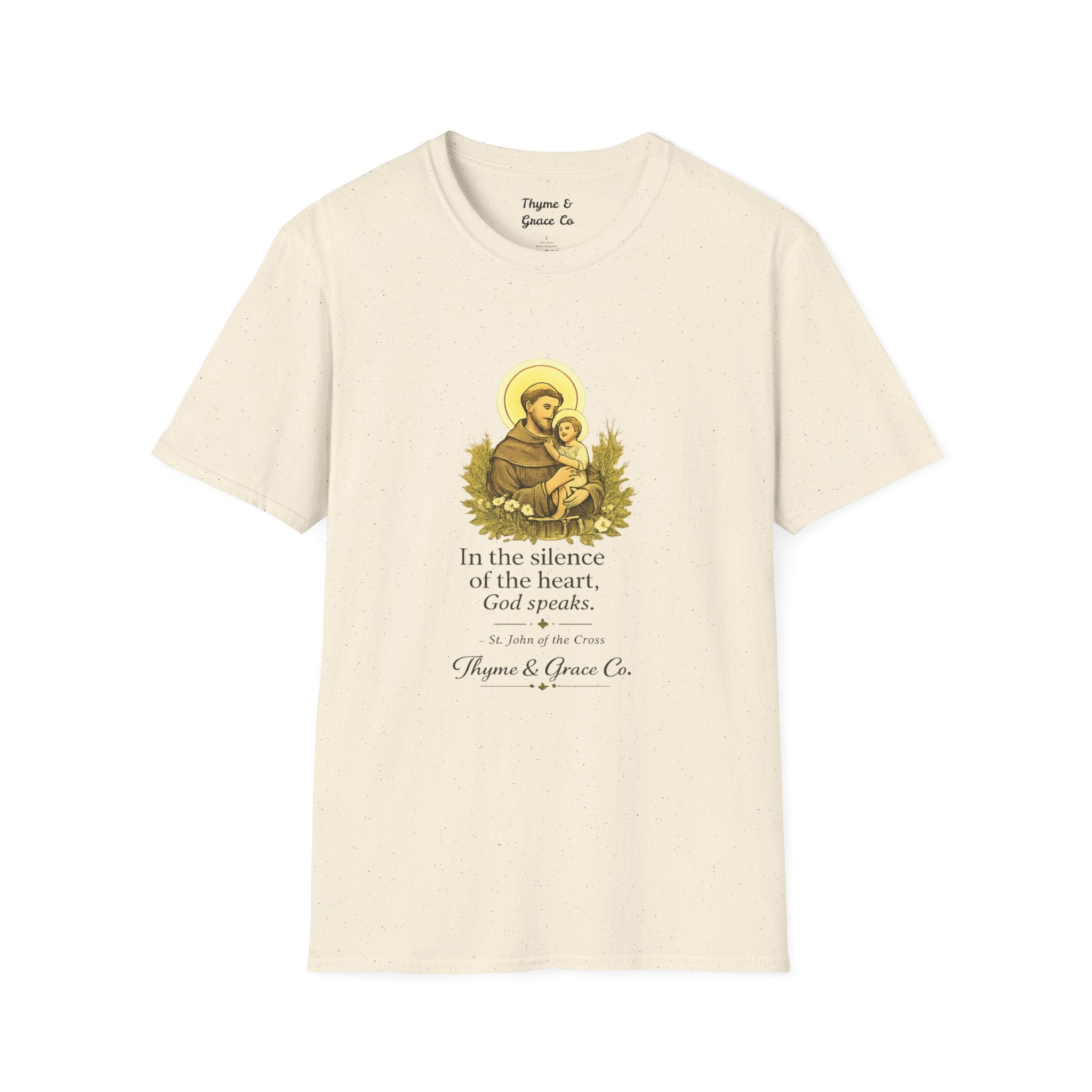 Religious T-Shirt — “In the silence of the heart, God speaks.” Saint John of the Cross Prayer Tee