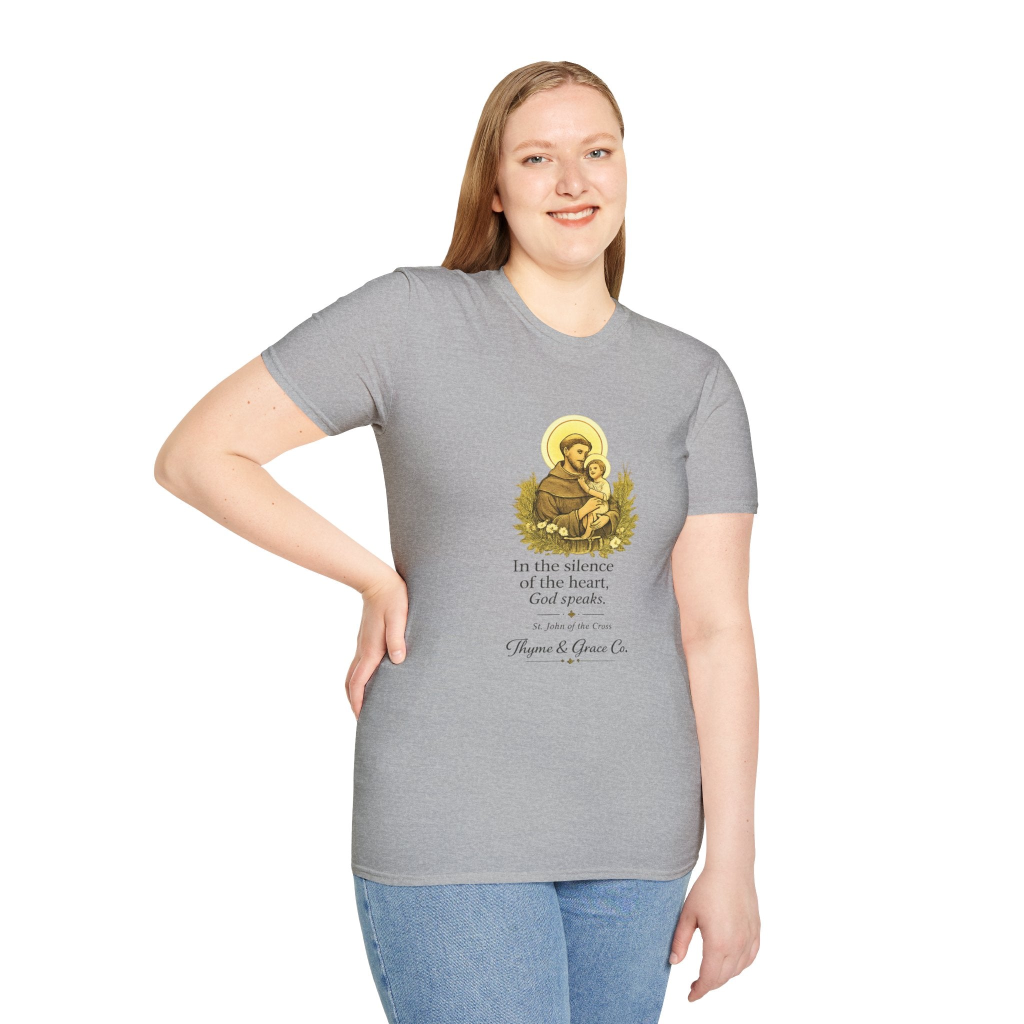 Religious T-Shirt — “In the silence of the heart, God speaks.” Saint John of the Cross Prayer Tee