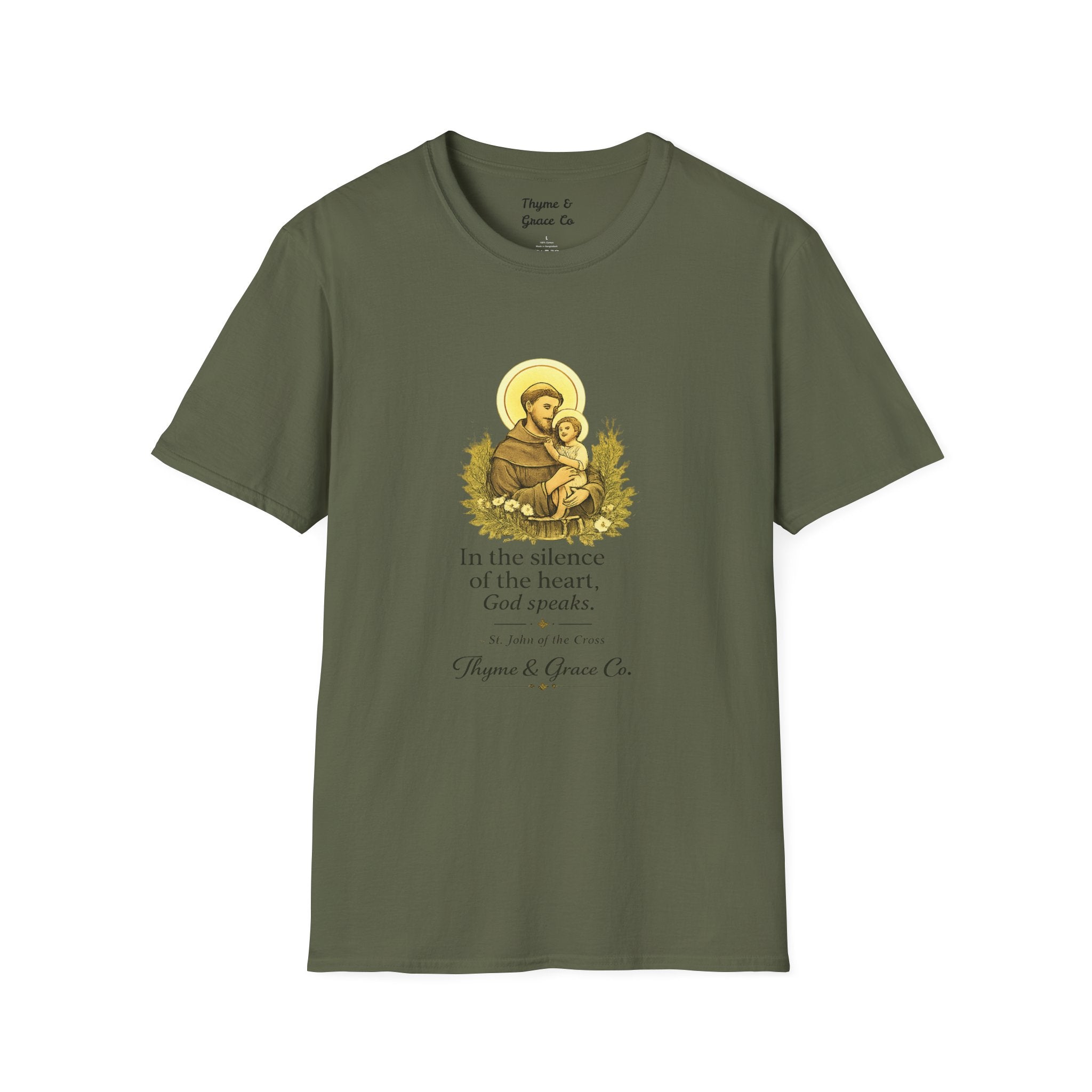 Religious T-Shirt — “In the silence of the heart, God speaks.” Saint John of the Cross Prayer Tee
