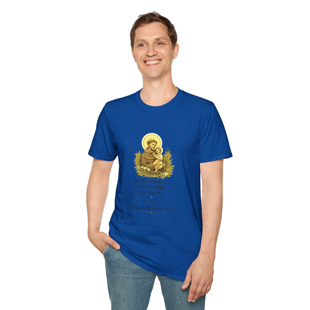 Religious T-Shirt — “In the silence of the heart, God speaks.” Saint John of the Cross Prayer Tee