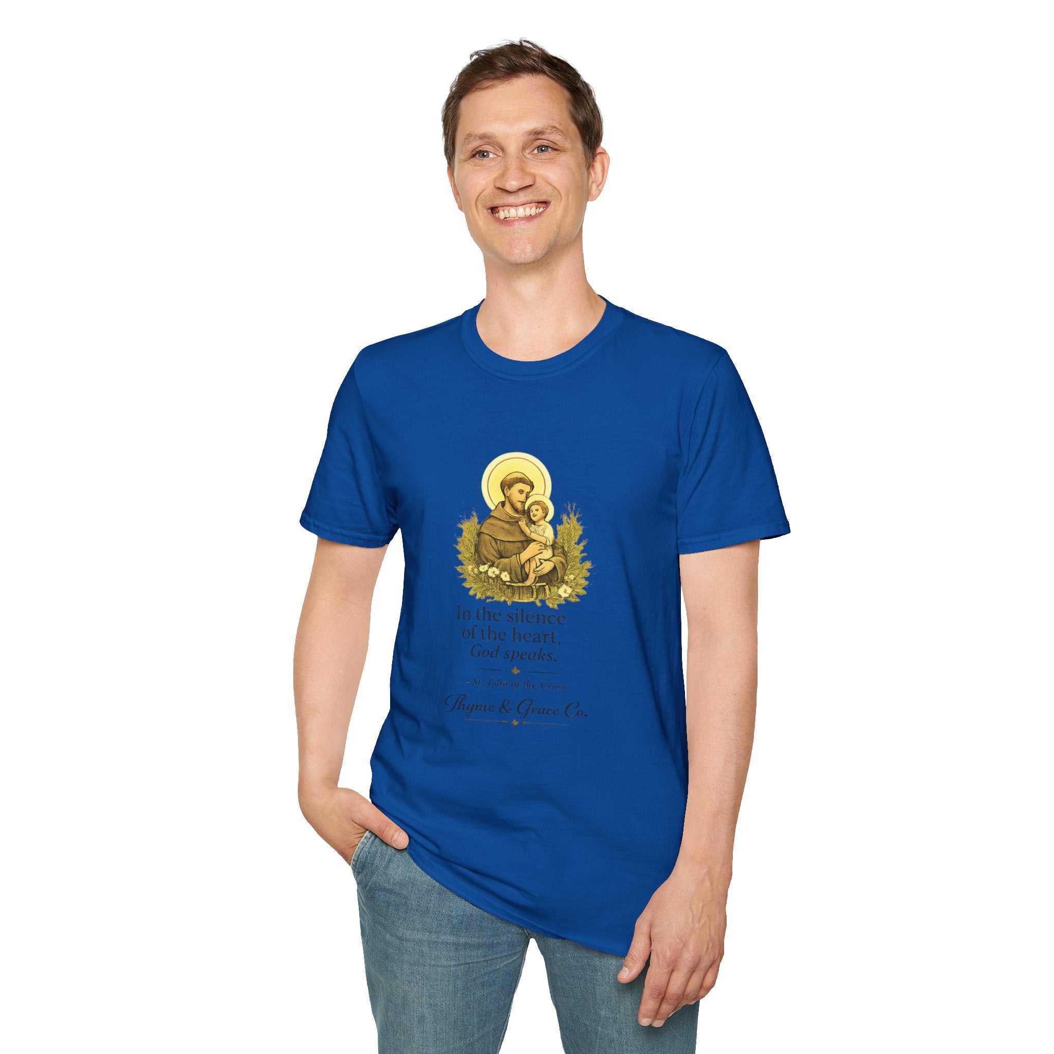 Religious T-Shirt — “In the silence of the heart, God speaks.” Saint John of the Cross Prayer Tee