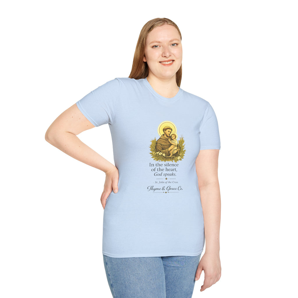 Religious T-Shirt — “In the silence of the heart, God speaks.” Saint John of the Cross Prayer Tee
