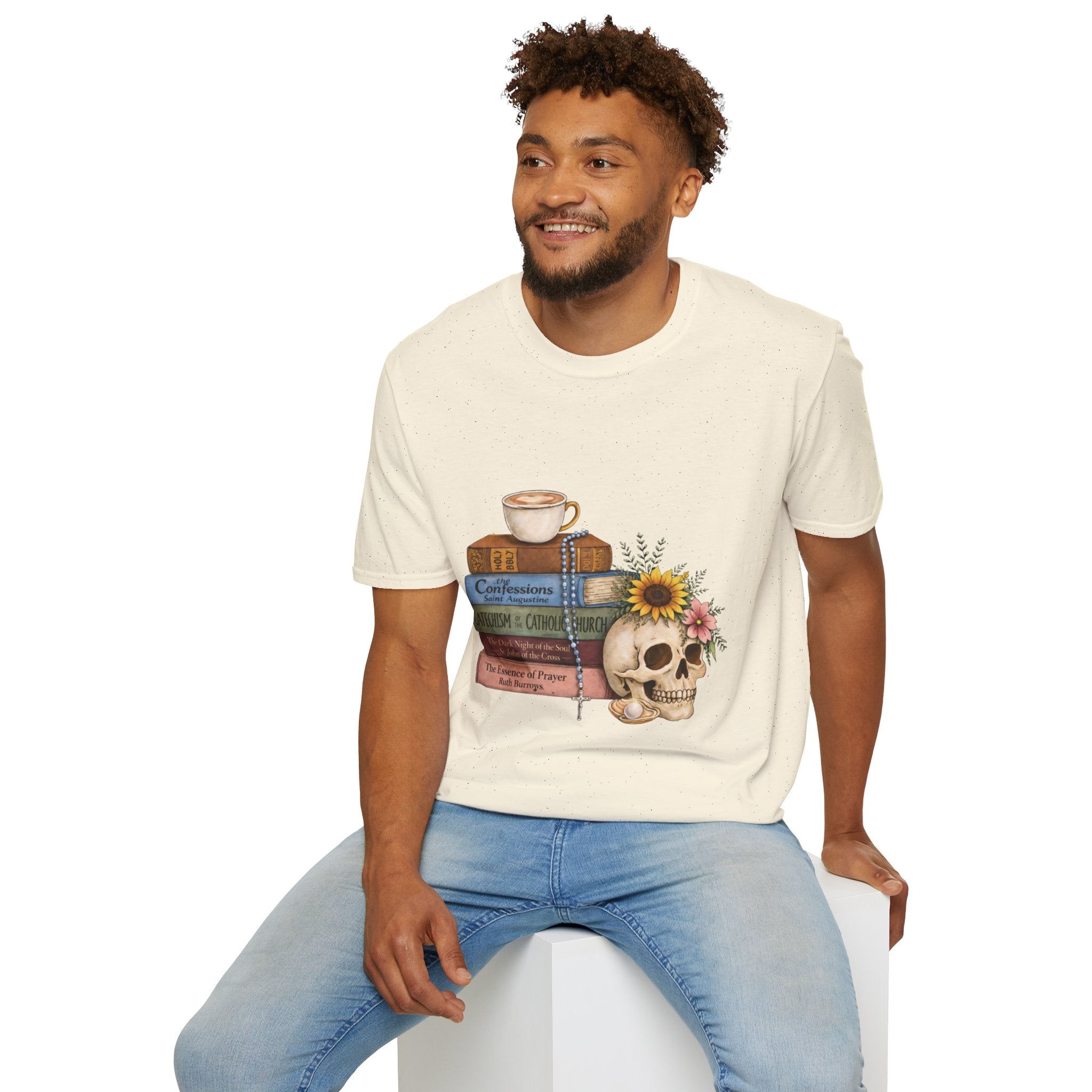 Skull & Books Graphic T-Shirt — Coffee, Sunflower, Reading Vibes