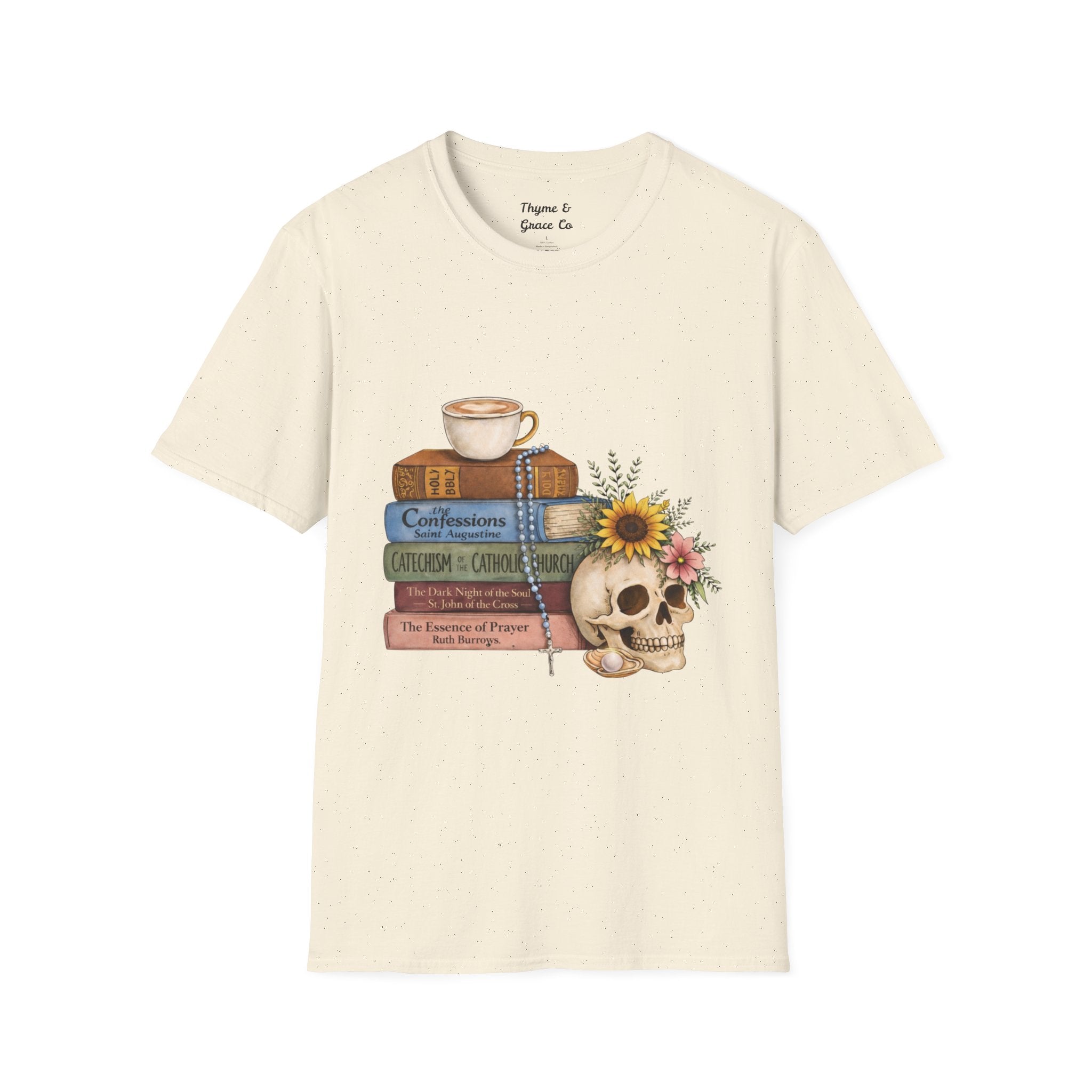 Skull & Books Graphic T-Shirt — Coffee, Sunflower, Reading Vibes
