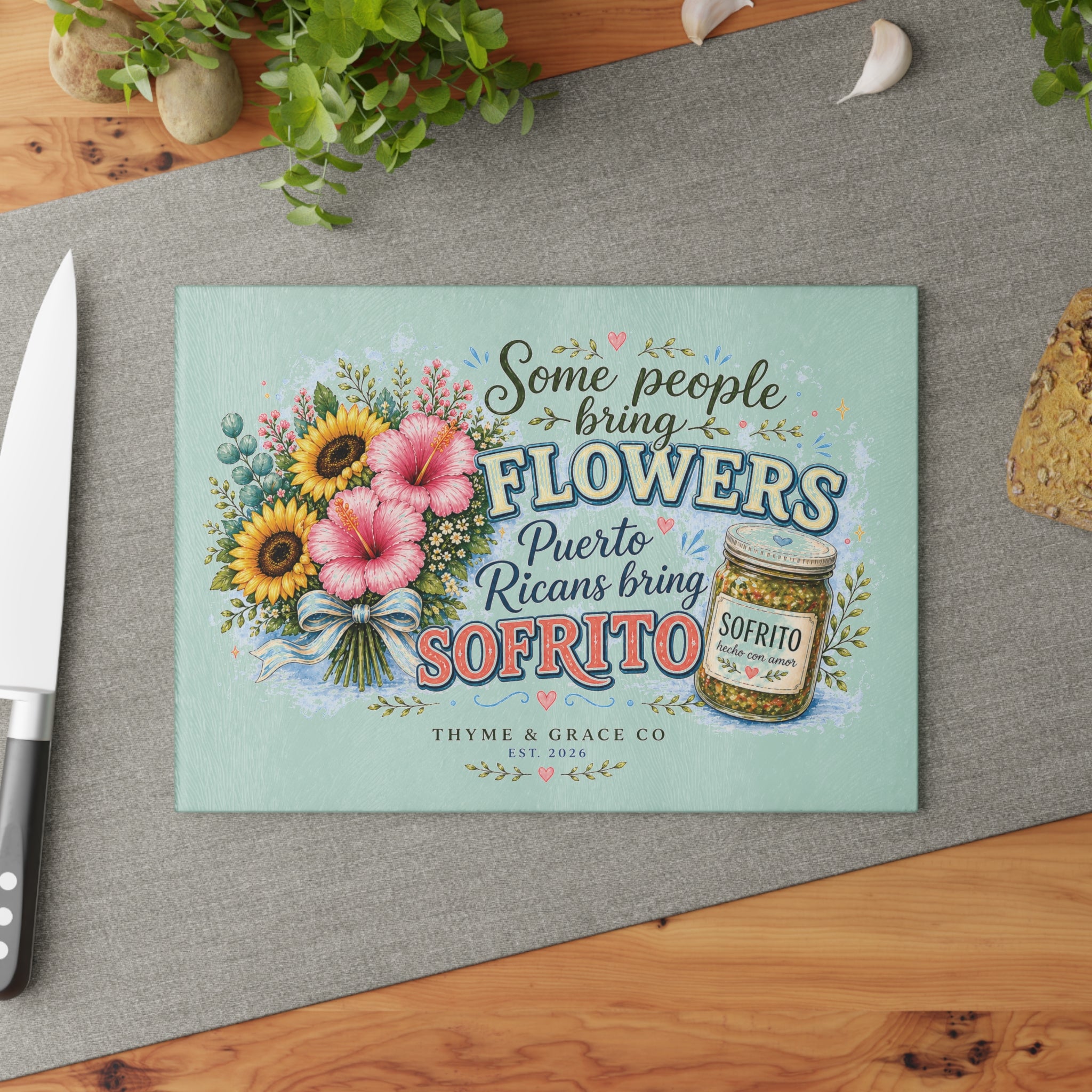 Puerto Rican Sofrito Glass Cutting Board – 'Some People Bring Flowers' Decorative Kitchen Gift