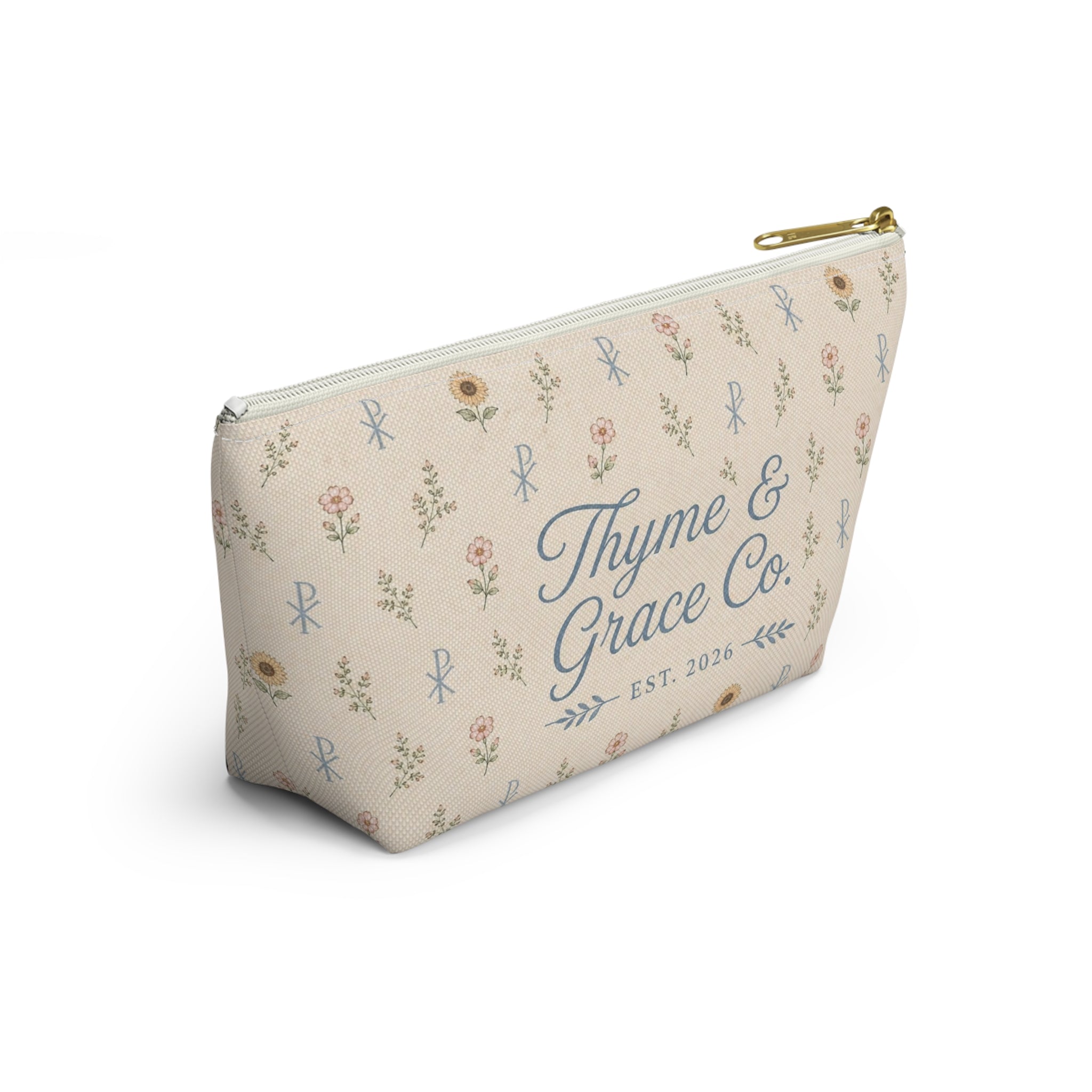 Floral Thyme & Grace Co. Accessory Pouch — T‑Bottom Cosmetic Bag