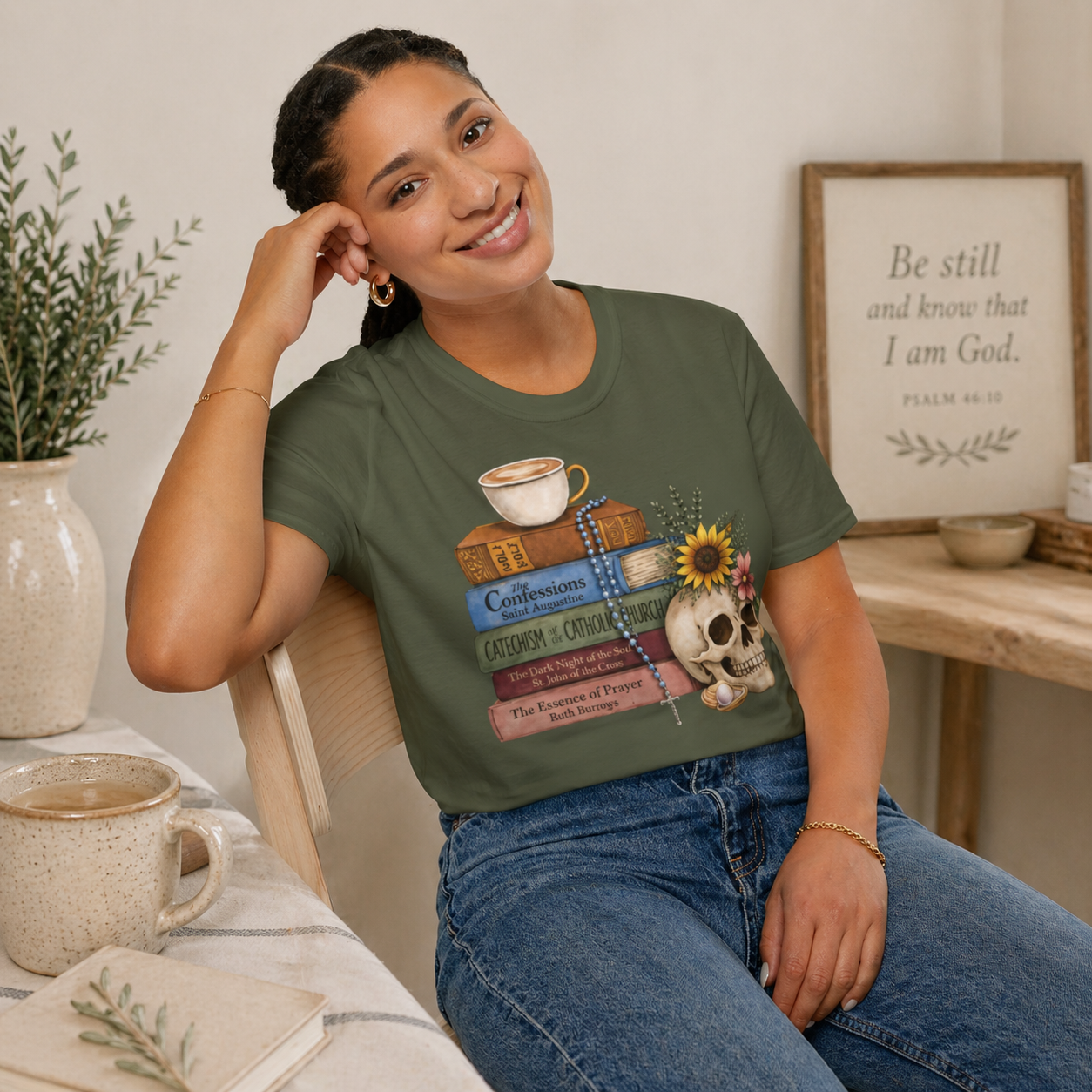 Skull & Books Graphic T-Shirt — Coffee, Sunflower, Reading Vibes