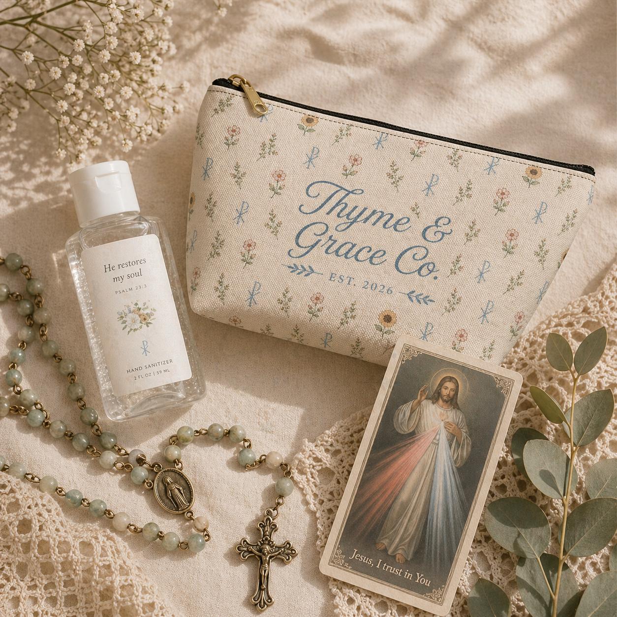 Floral Thyme & Grace Co. Accessory Pouch — T‑Bottom Cosmetic Bag