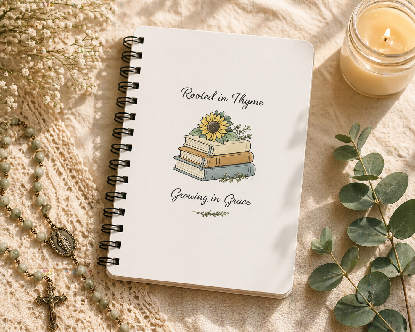 Rooted in Thyme Spiral Journal — Floral Booklover Notebook, "Rooted in Thyme, Growing in Grace"