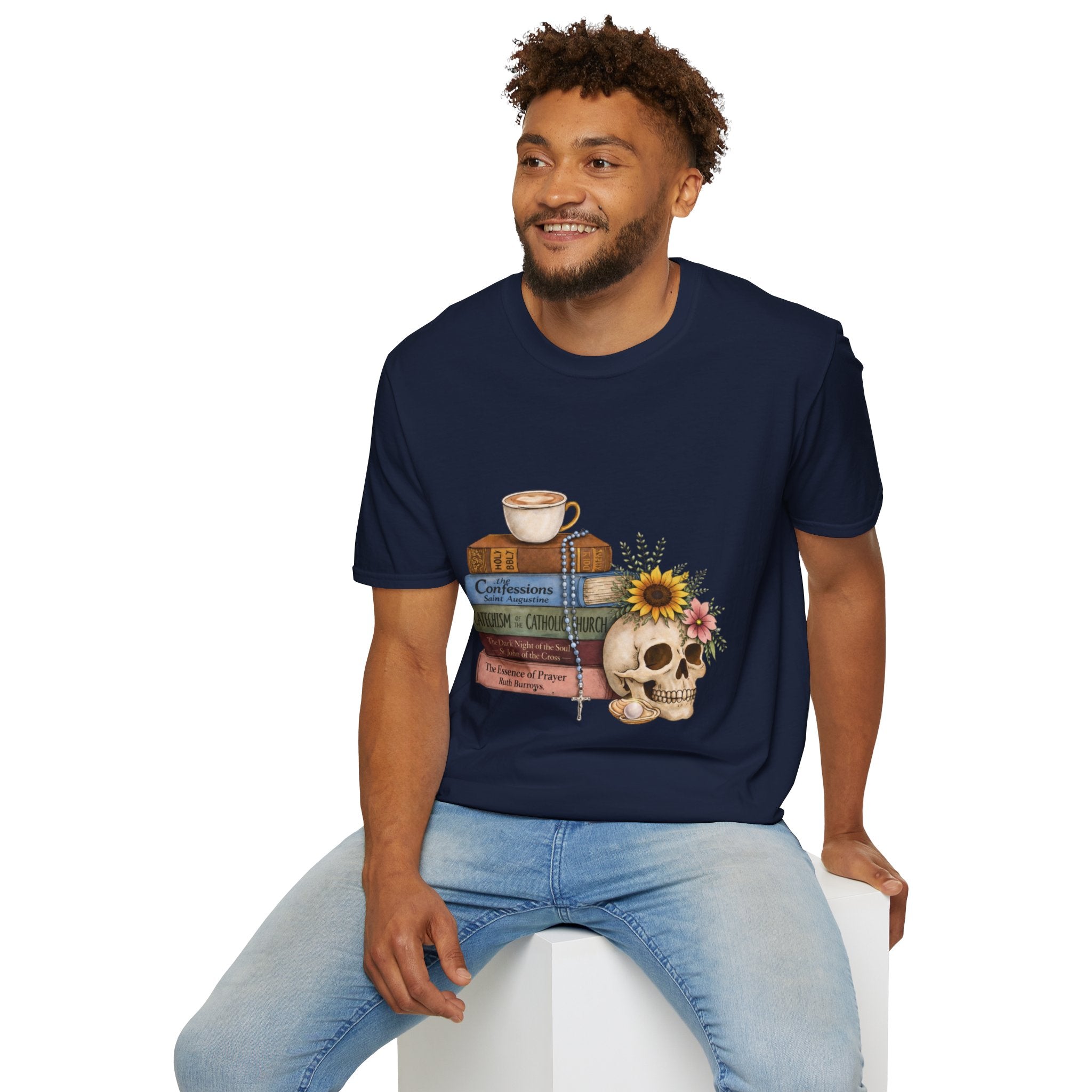 Skull & Books Graphic T-Shirt — Coffee, Sunflower, Reading Vibes