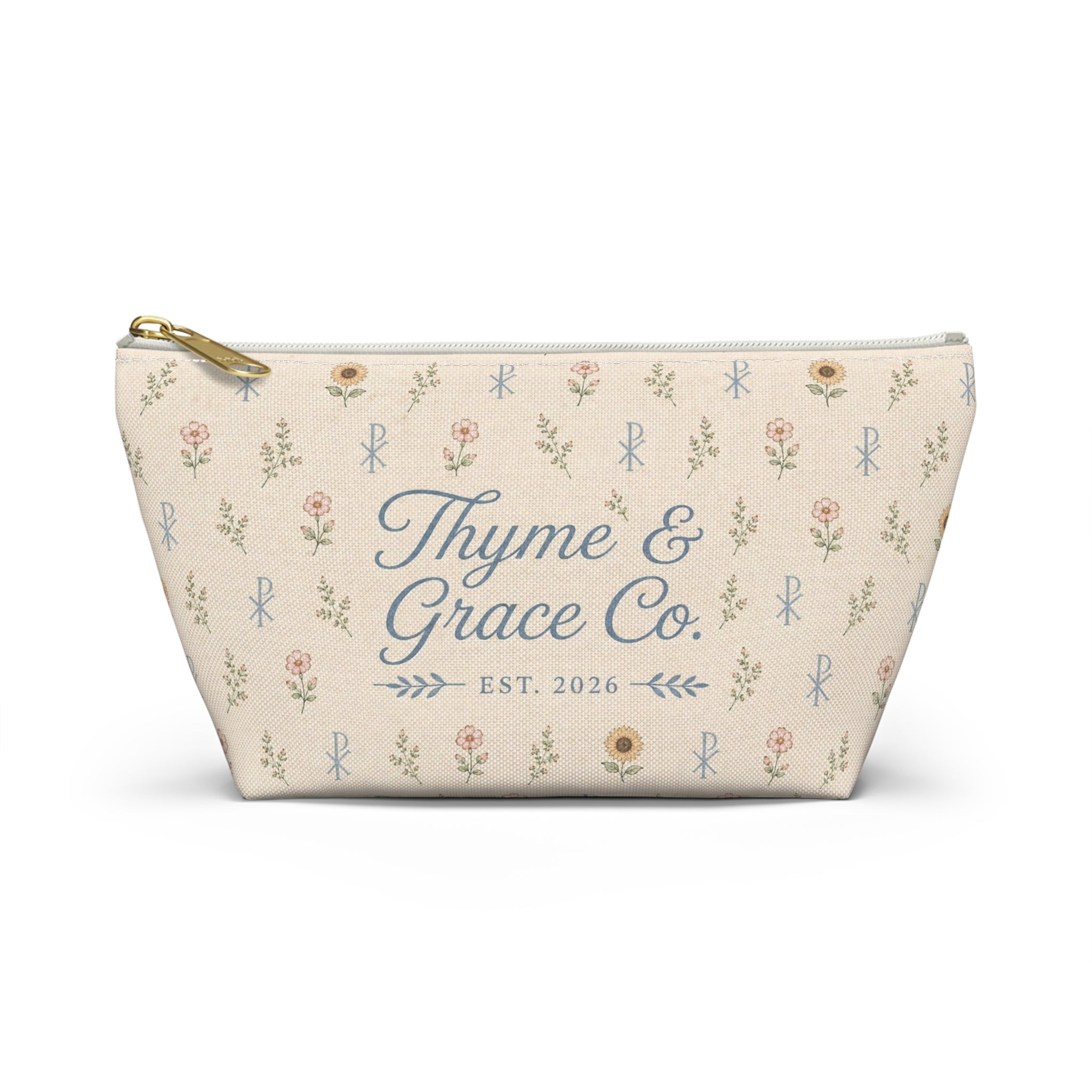 Floral Thyme & Grace Co. Accessory Pouch — T‑Bottom Cosmetic Bag