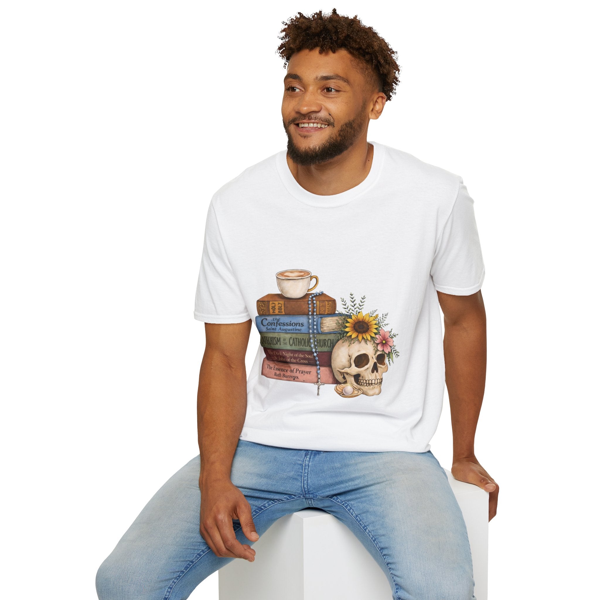 Skull & Books Graphic T-Shirt — Coffee, Sunflower, Reading Vibes