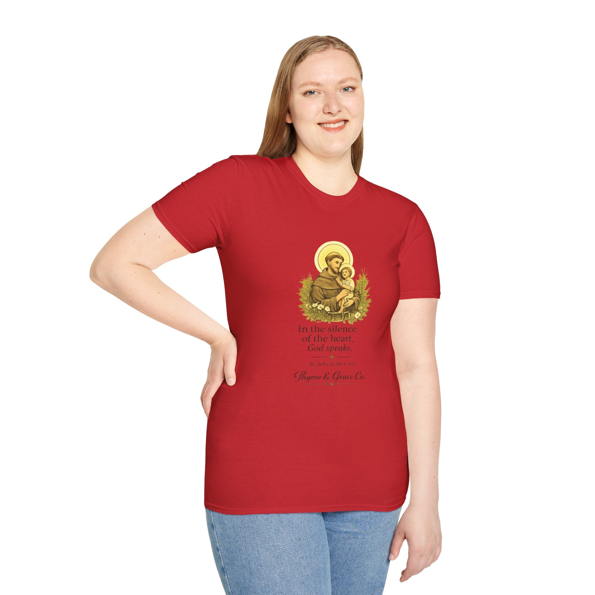 Religious T-Shirt — “In the silence of the heart, God speaks.” Saint John of the Cross Prayer Tee