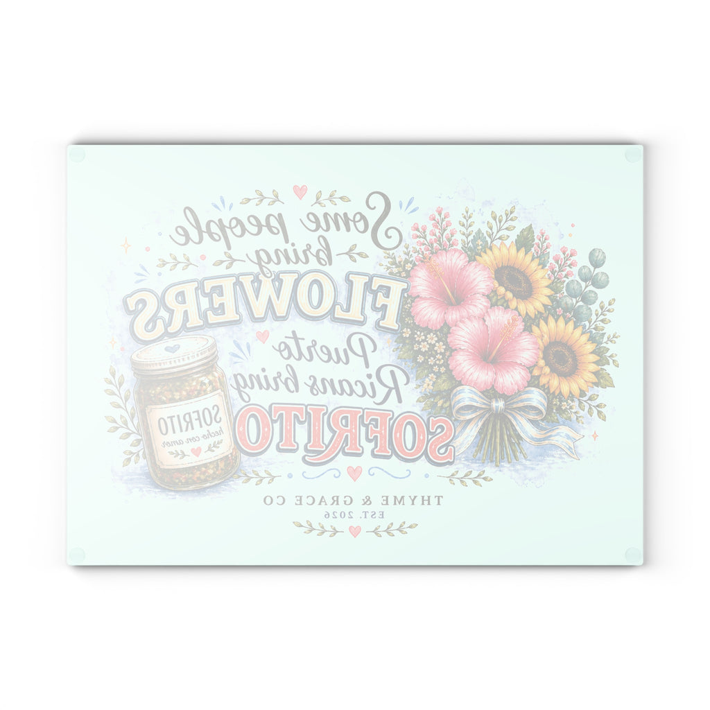 Puerto Rican Sofrito Glass Cutting Board – 'Some People Bring Flowers' Decorative Kitchen Gift