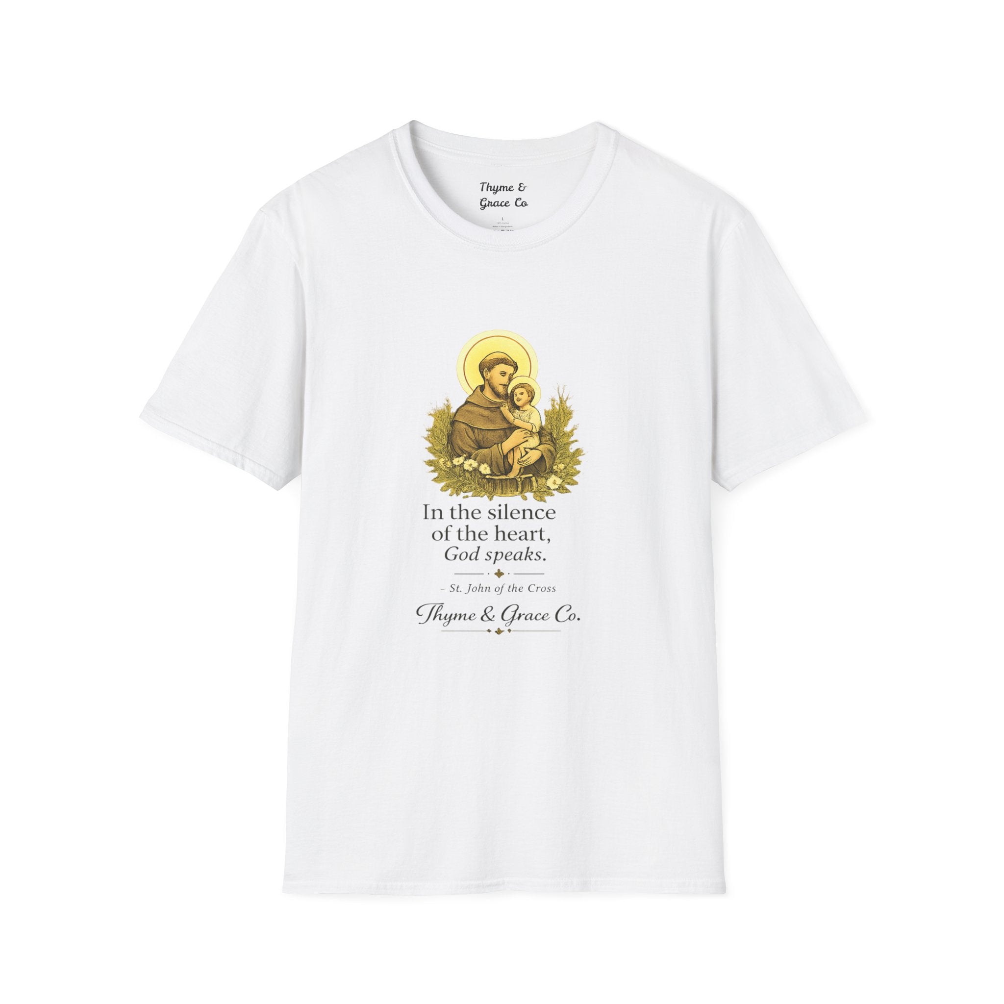 Religious T-Shirt — “In the silence of the heart, God speaks.” Saint John of the Cross Prayer Tee