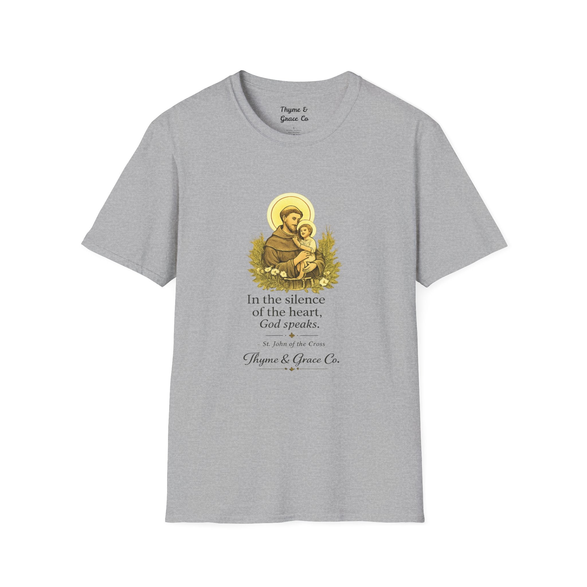 Religious T-Shirt — “In the silence of the heart, God speaks.” Saint John of the Cross Prayer Tee