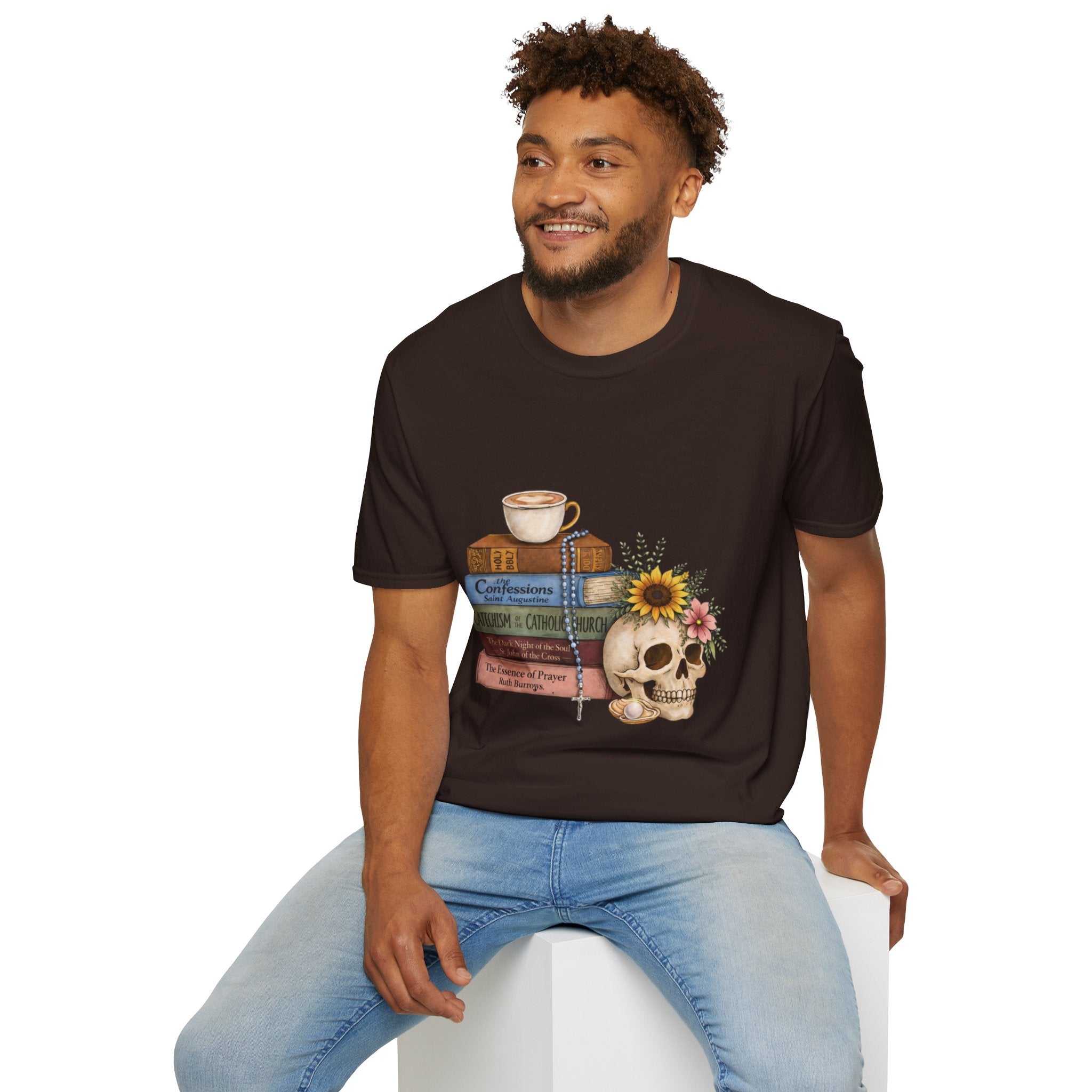 Skull & Books Graphic T-Shirt — Coffee, Sunflower, Reading Vibes