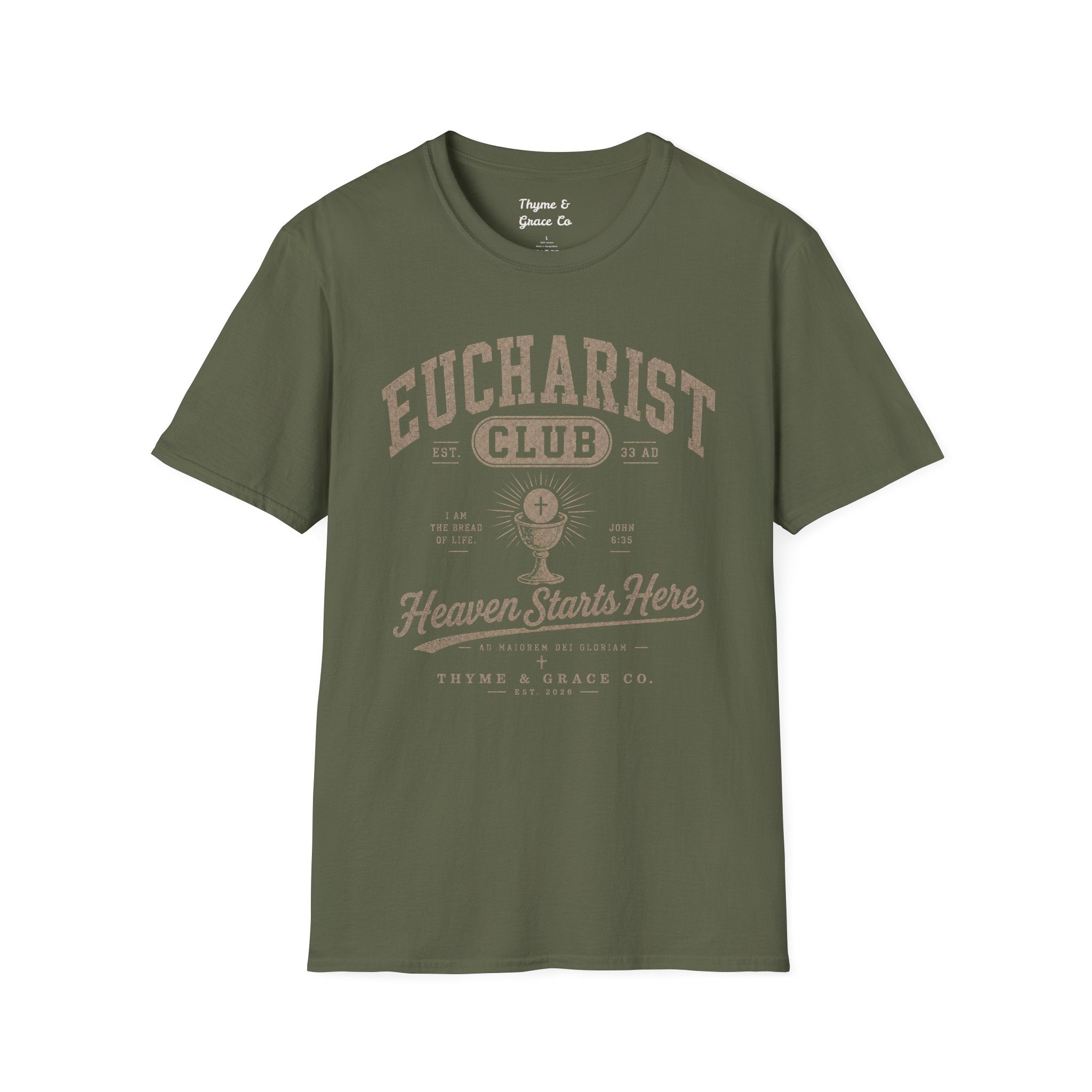 Eucharist Club T-Shirt — "Heaven Starts Here" Catholic Faith Tee