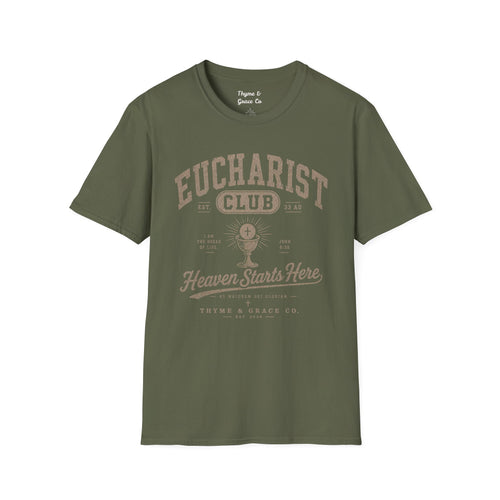 Eucharist Club T-Shirt — "Heaven Starts Here" Catholic Faith Tee