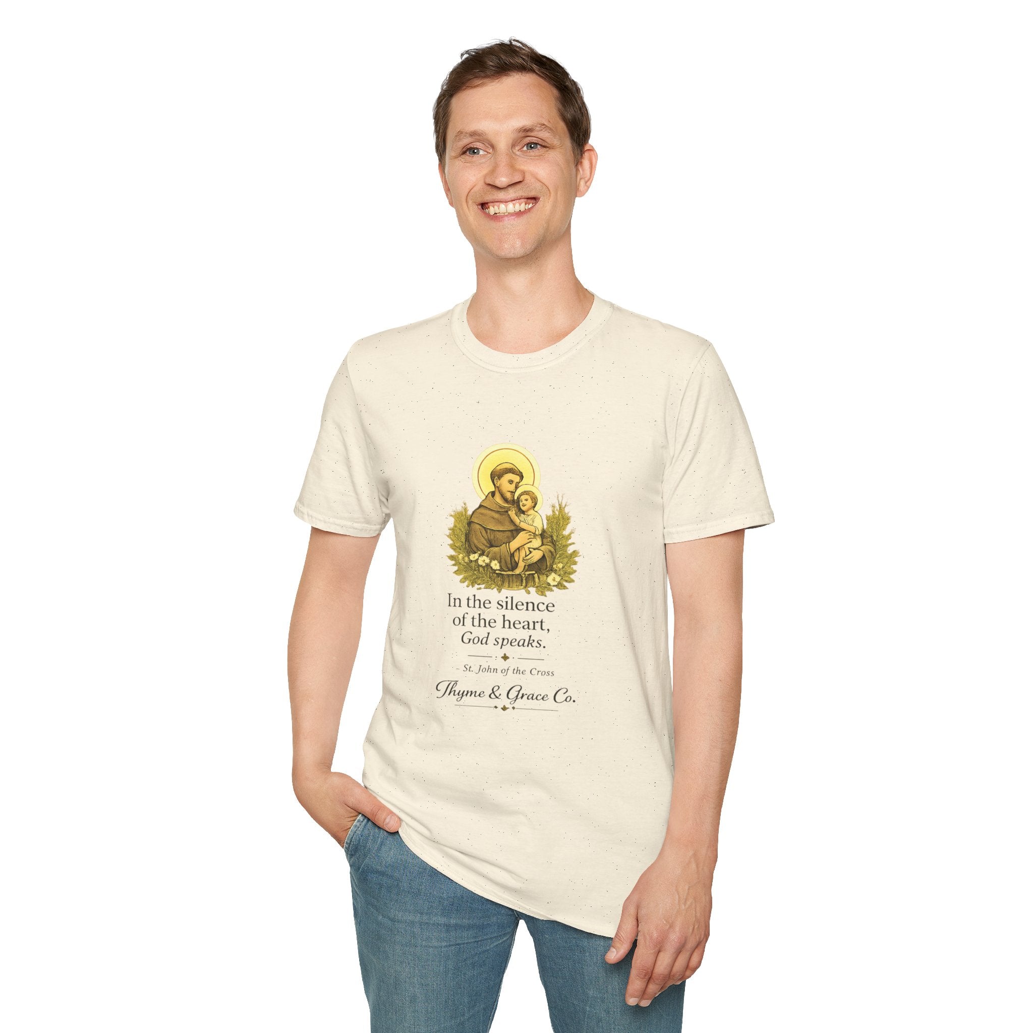 Religious T-Shirt — “In the silence of the heart, God speaks.” Saint John of the Cross Prayer Tee