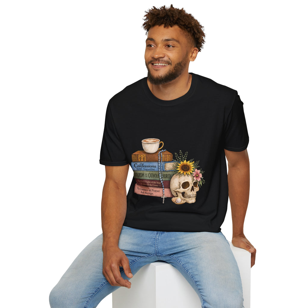 Skull & Books Graphic T-Shirt — Coffee, Sunflower, Reading Vibes