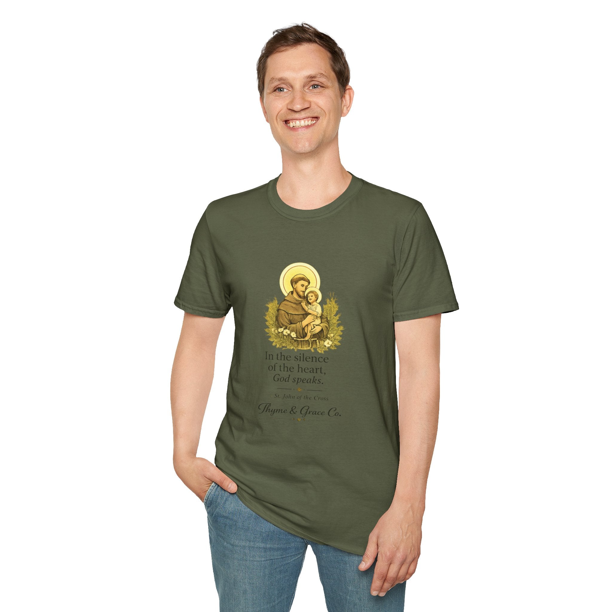 Religious T-Shirt — “In the silence of the heart, God speaks.” Saint John of the Cross Prayer Tee