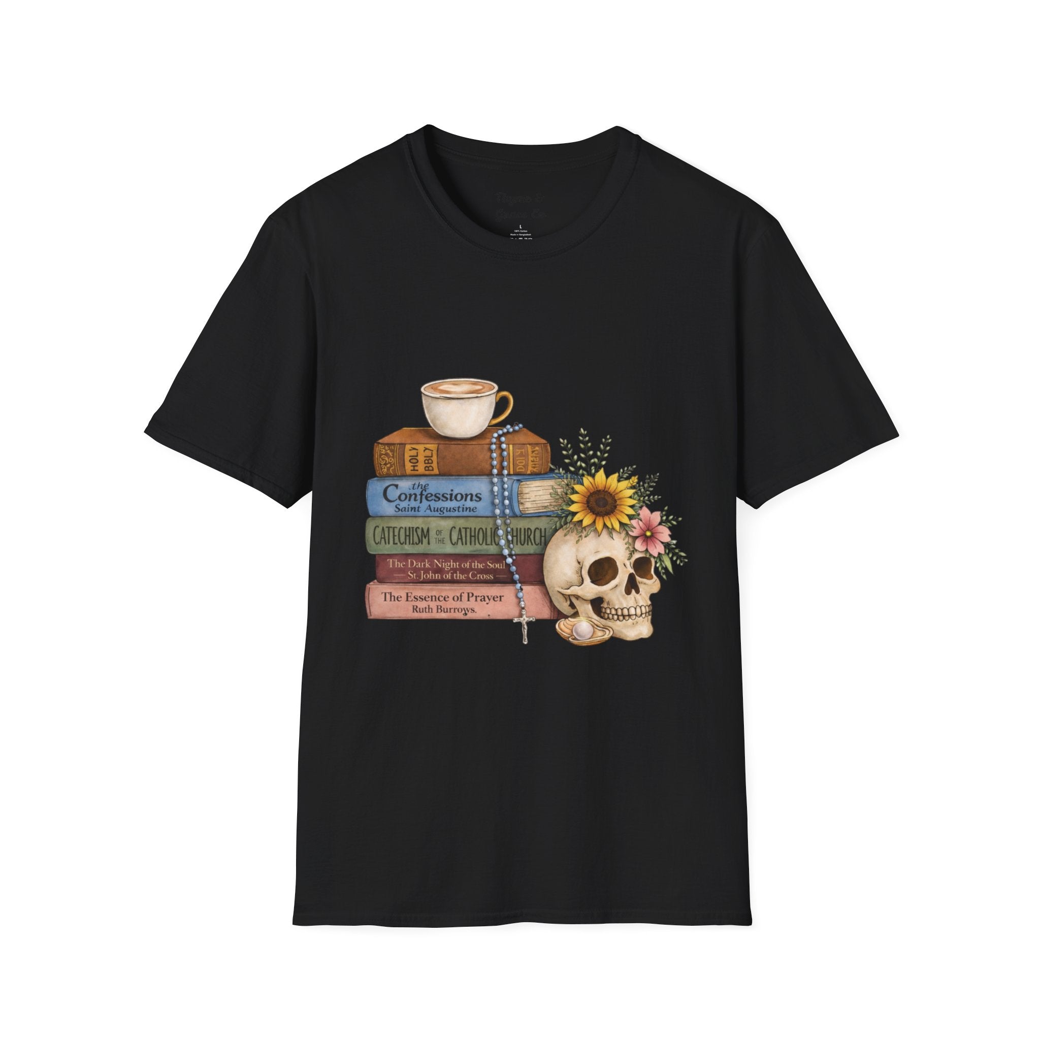 Skull & Books Graphic T-Shirt — Coffee, Sunflower, Reading Vibes