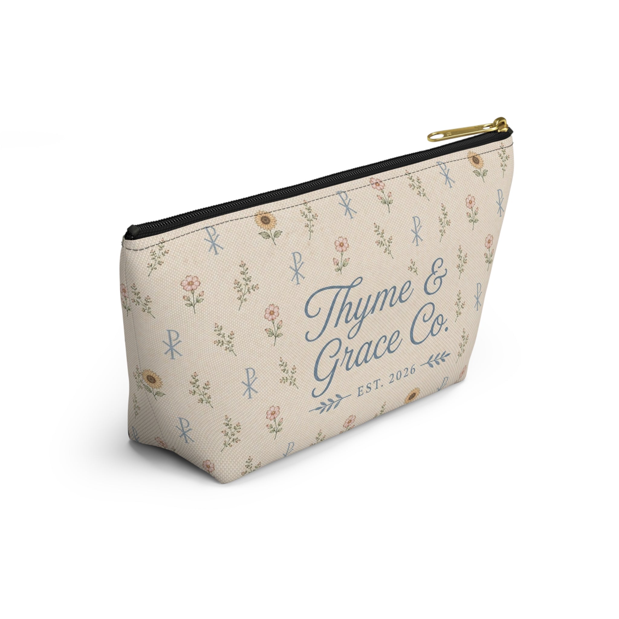 Floral Thyme & Grace Co. Accessory Pouch — T‑Bottom Cosmetic Bag