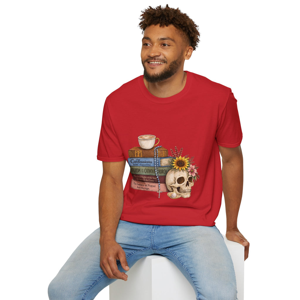 Skull & Books Graphic T-Shirt — Coffee, Sunflower, Reading Vibes