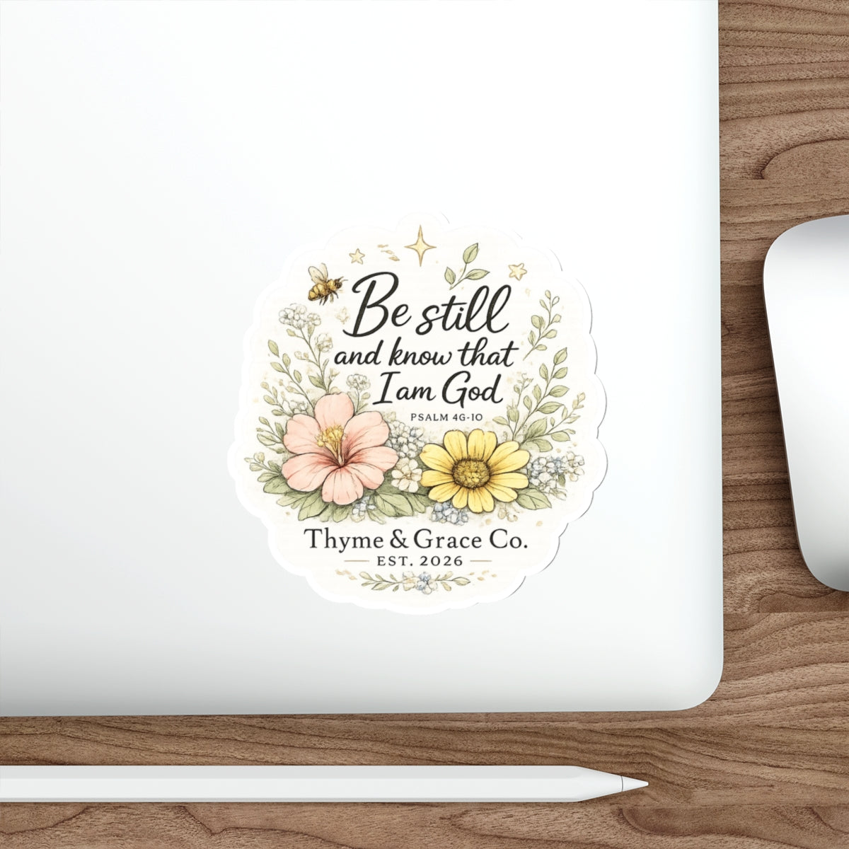 Be Still Psalm Floral Die-Cut Sticker — Inspirational Scripture Sticker